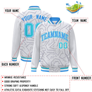 Custom White Powder Blue-Aqua Stripe Graffiti Pattern Varsity Full-Snap Jacket