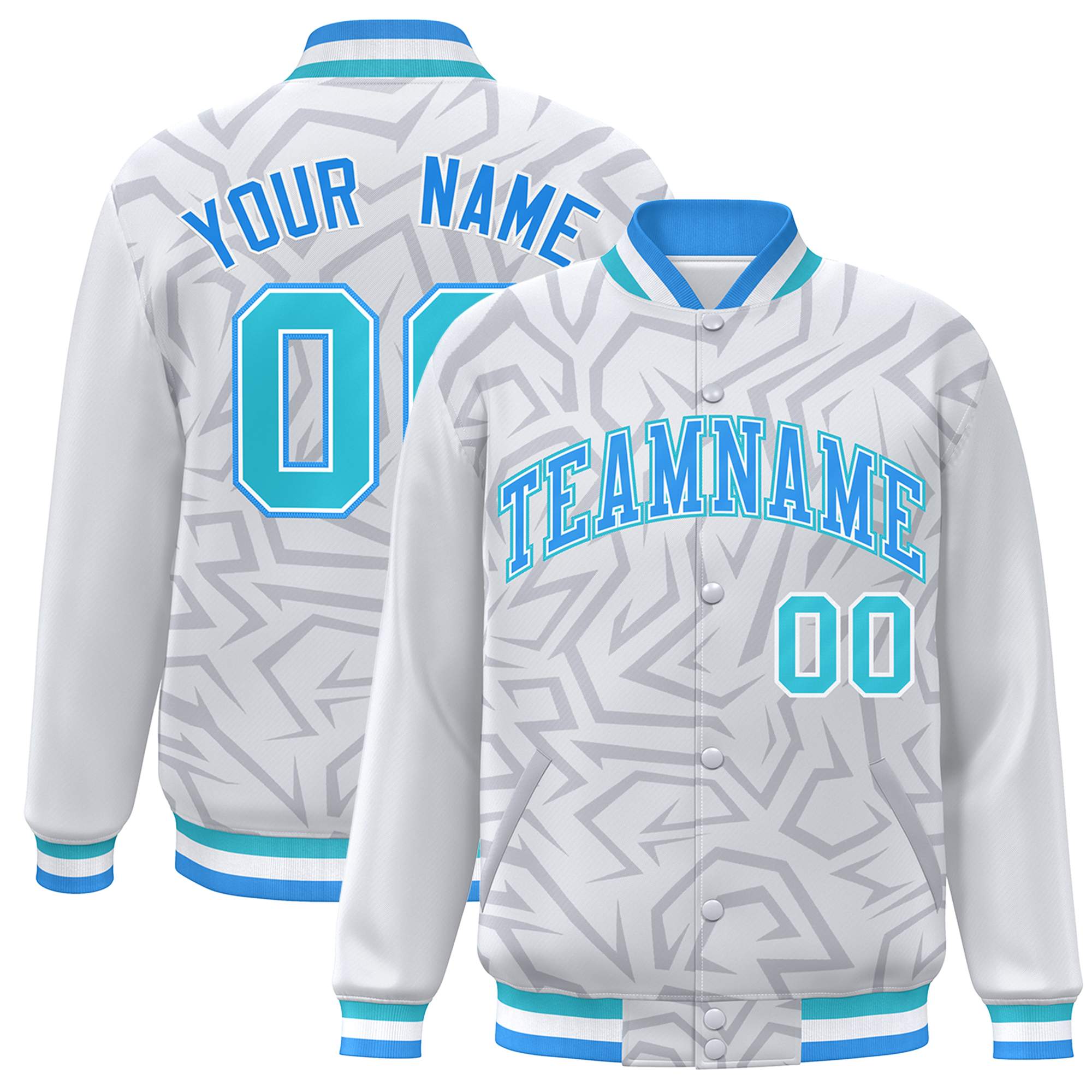 Custom White Powder Blue-Aqua Stripe Graffiti Pattern Varsity Full-Snap Jacket