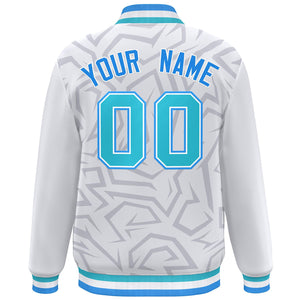 Custom White Powder Blue-Aqua Stripe Graffiti Pattern Varsity Full-Snap Jacket