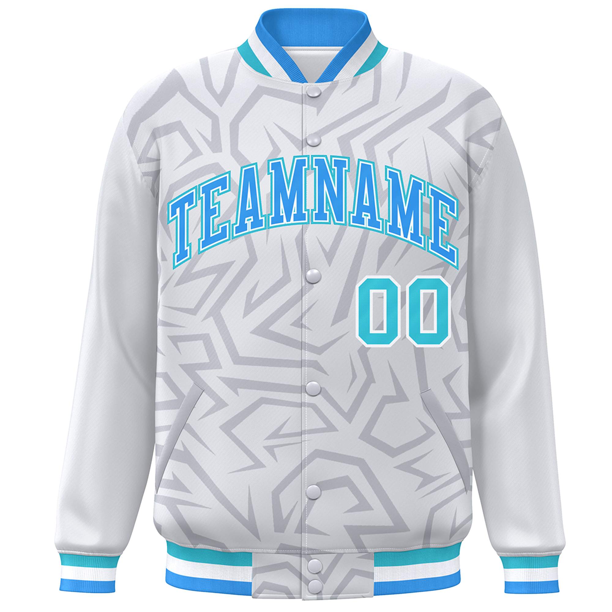 Custom White Powder Blue-Aqua Stripe Graffiti Pattern Varsity Full-Snap Jacket