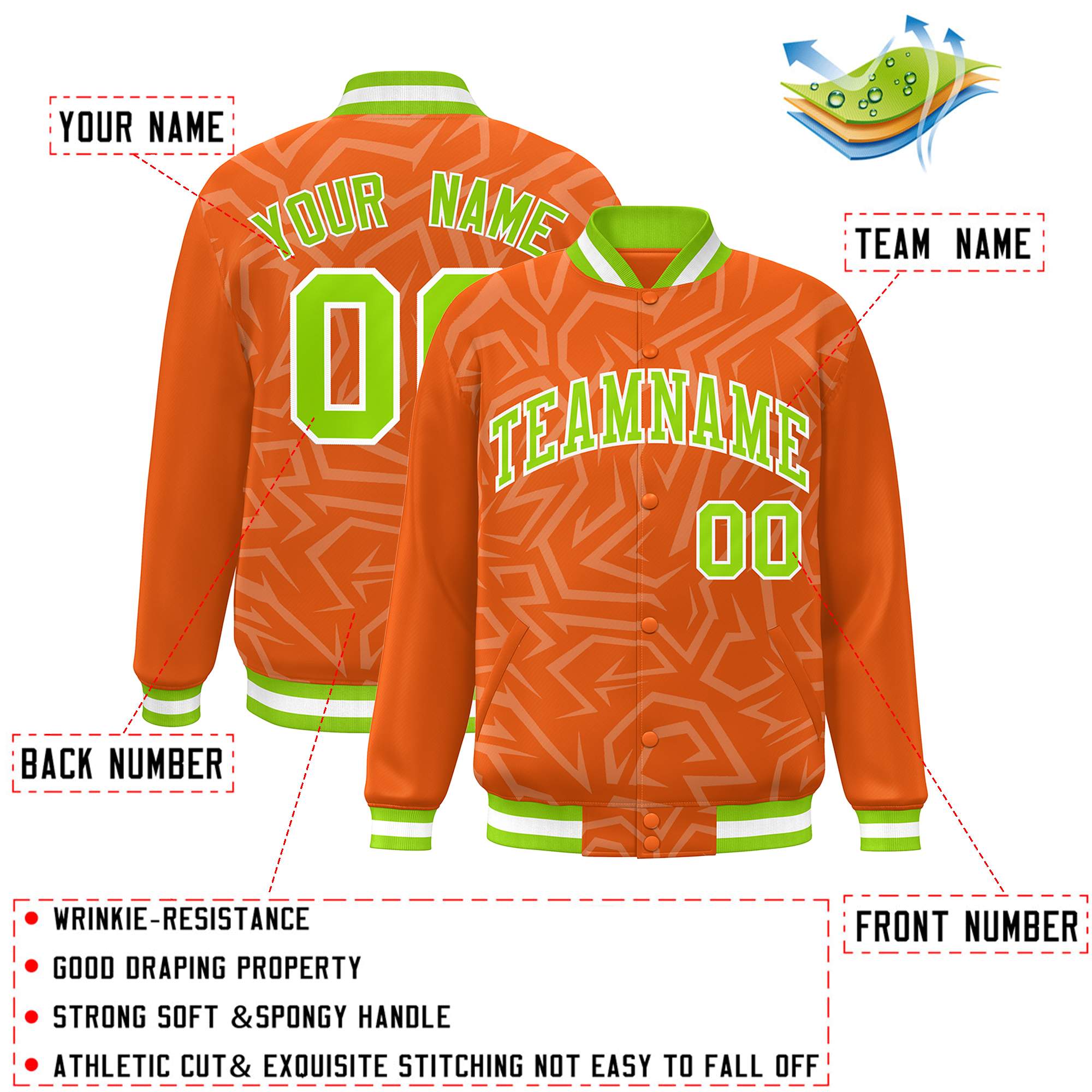 Custom Orange Neon Green-White Stripe Graffiti Pattern Varsity Full-Snap Jacket