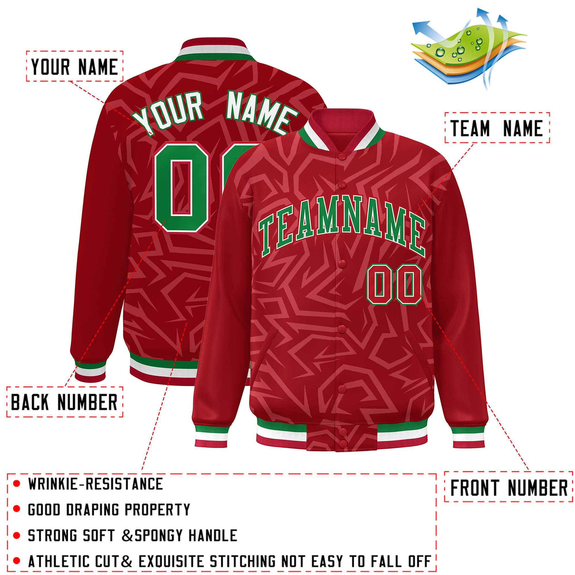 Custom Red Kelly Green-White Stripe Graffiti Pattern Varsity Full-Snap Jacket