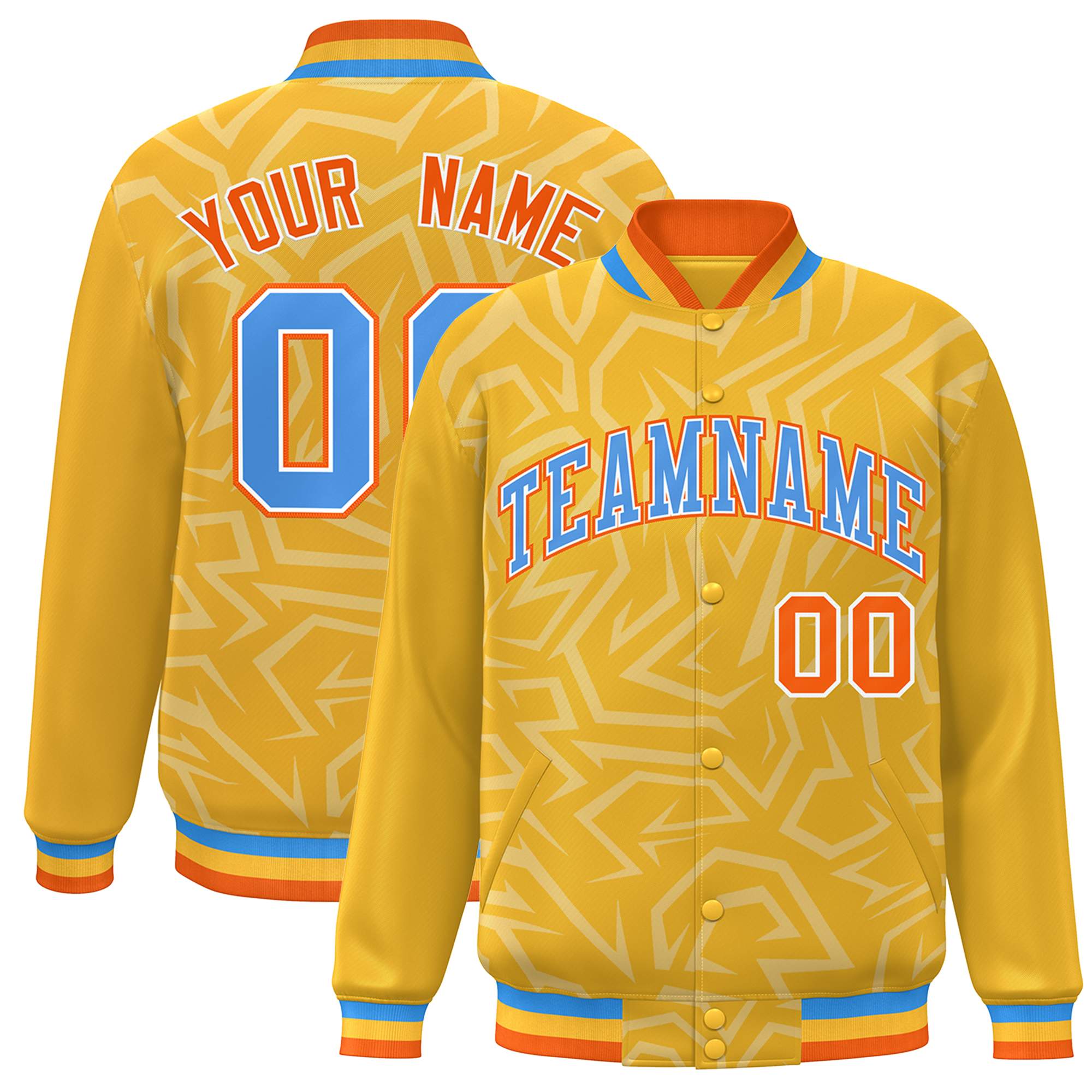 Custom Gold Powder Blue-Orange Stripe Graffiti Pattern Varsity Full-Snap Jacket