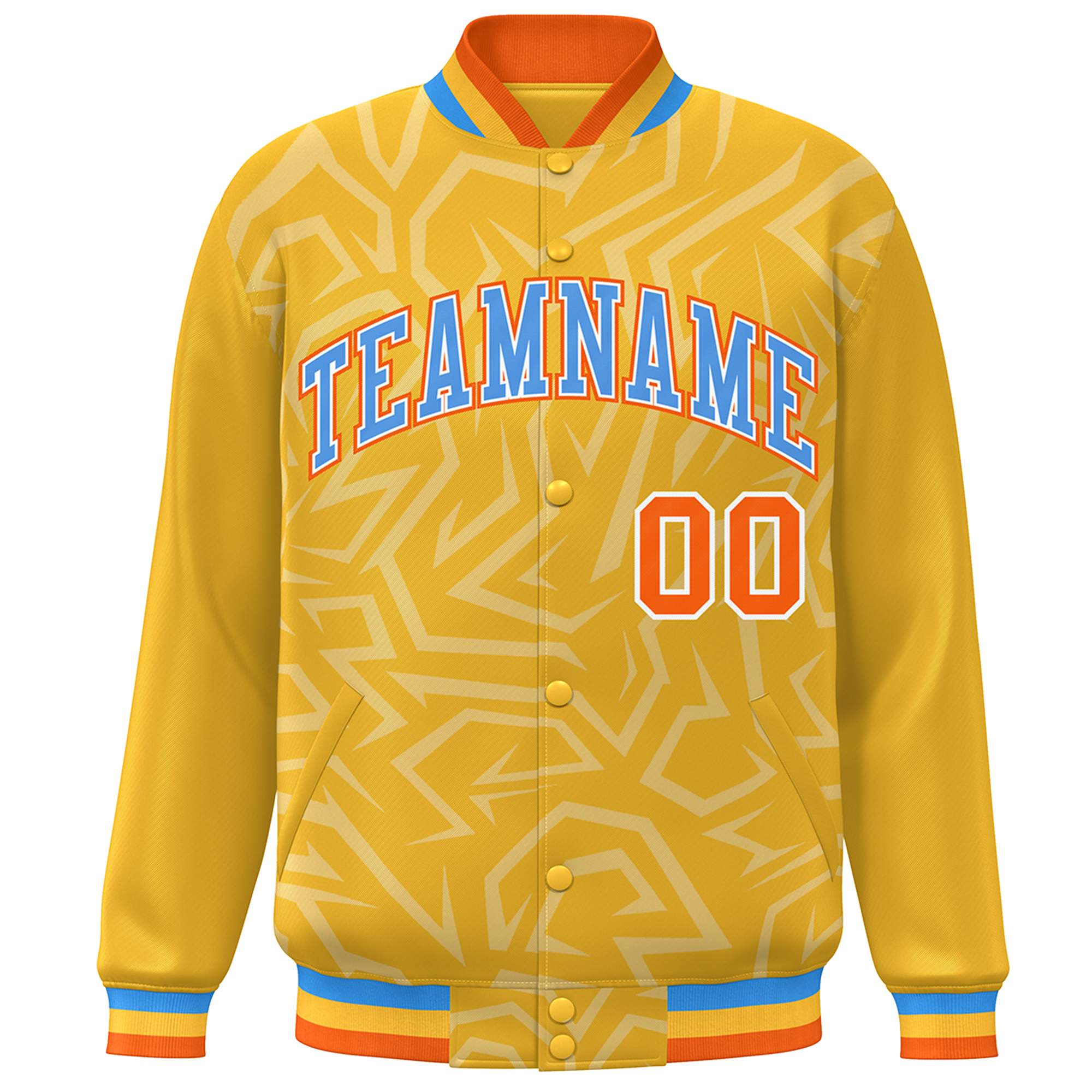 Custom Gold Powder Blue-Orange Stripe Graffiti Pattern Varsity Full-Snap Jacket