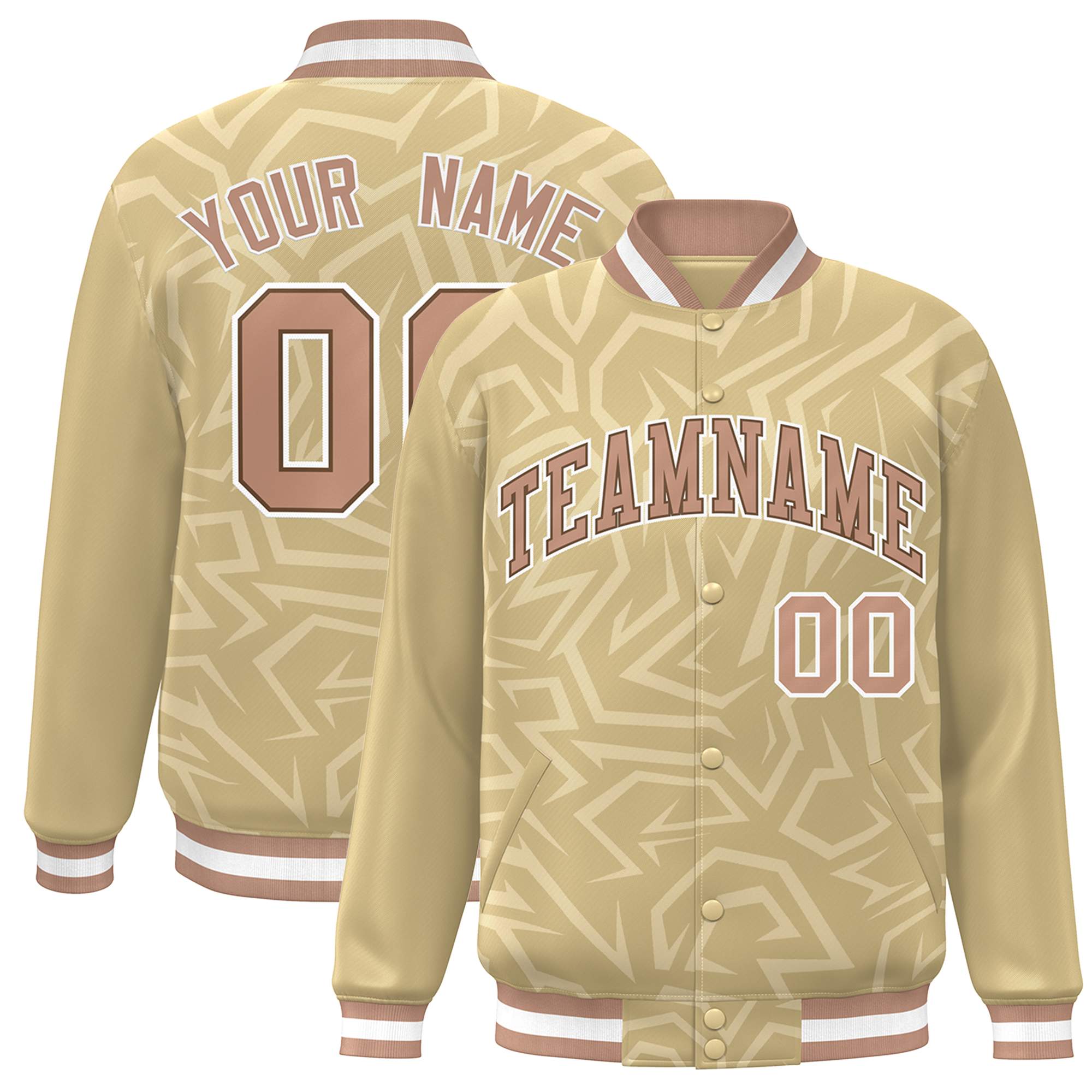 Custom Khaki Brown-White Stripe Graffiti Pattern Varsity Full-Snap Jacket