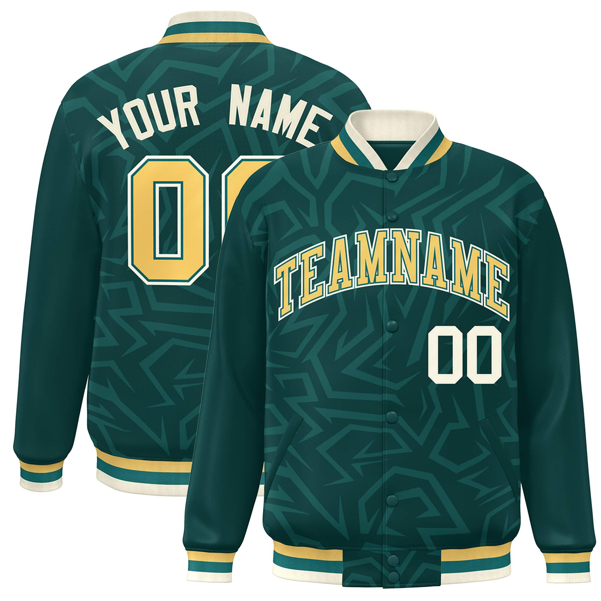 Custom Midnight Green Gold-Cream Stripe Graffiti Pattern Varsity Full-Snap Jacket