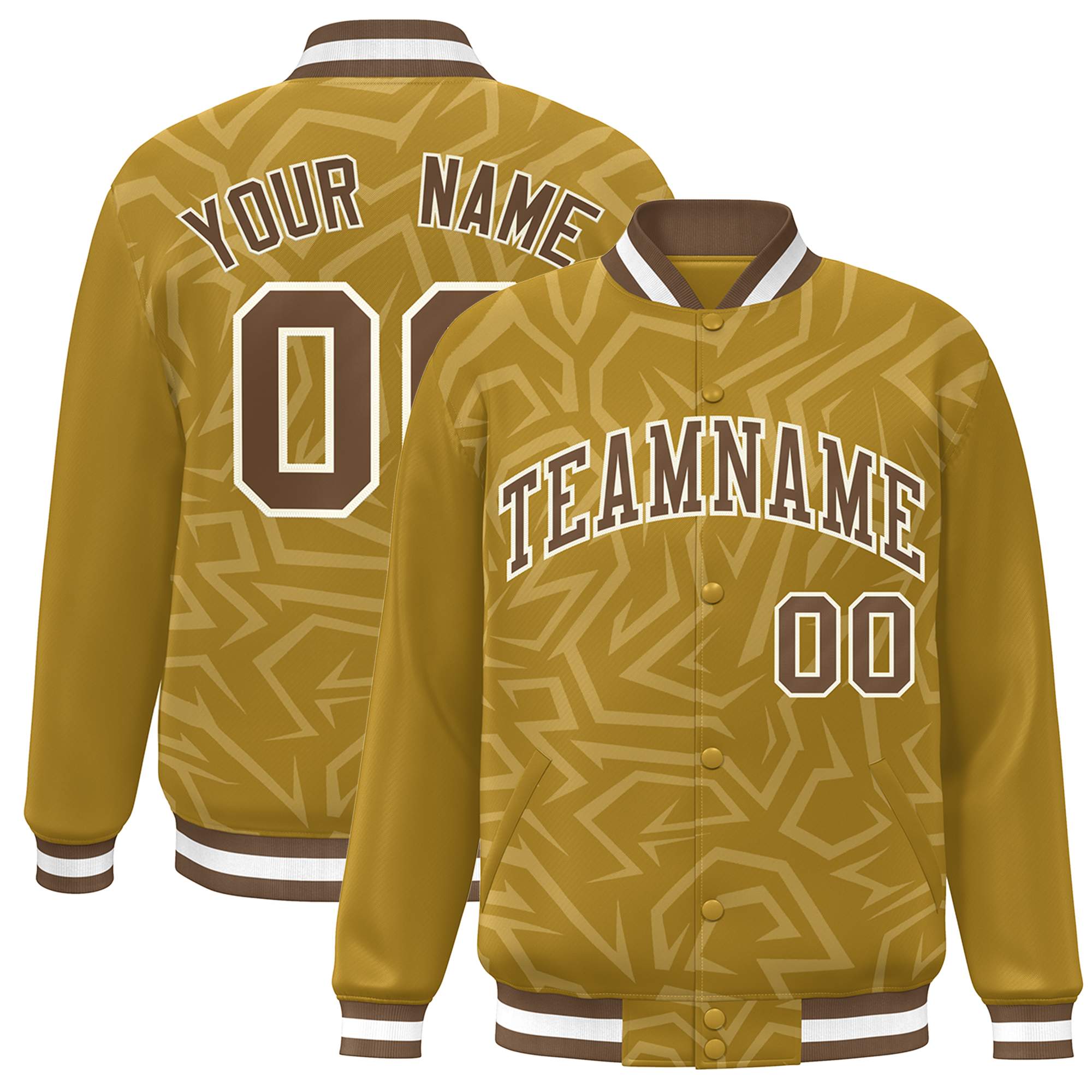 Custom Old Gold Brown-White Stripe Graffiti Pattern Varsity Full-Snap Jacket