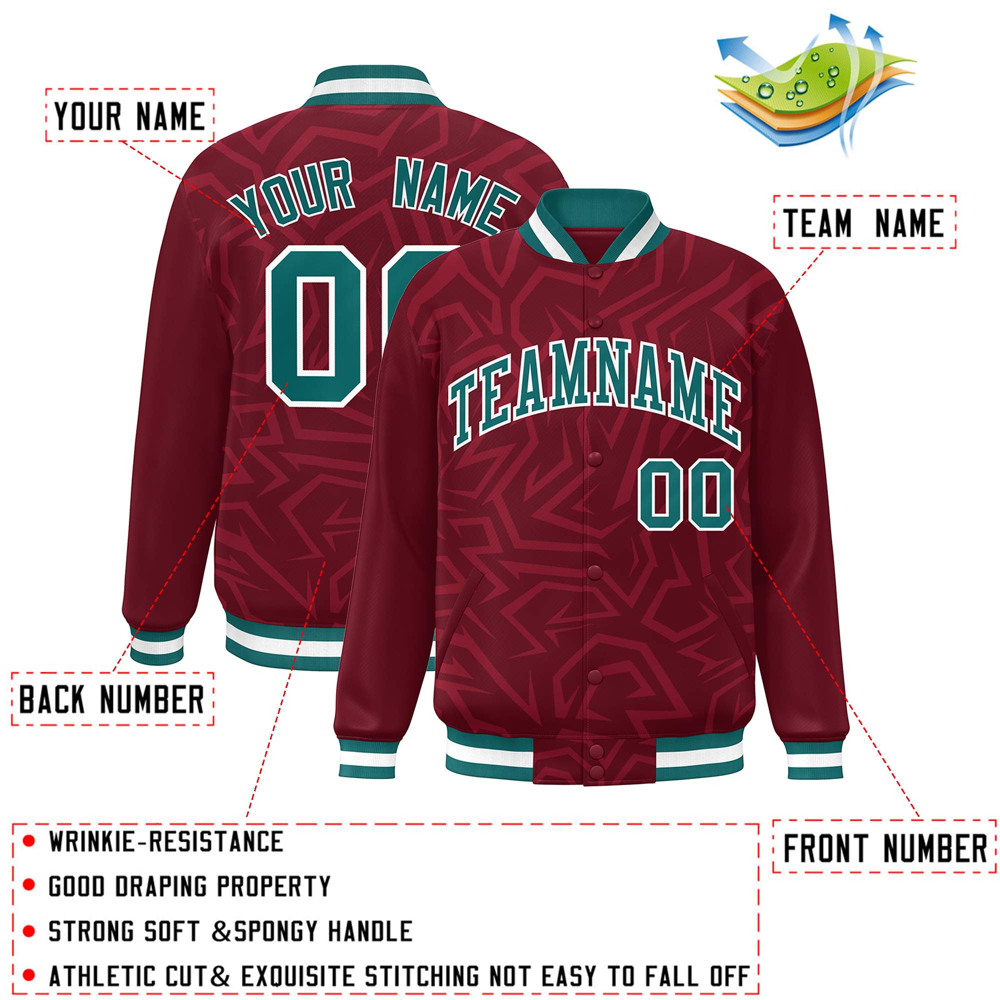 Custom Crimson Aqua-White Stripe Graffiti Pattern Varsity Full-Snap Jacket