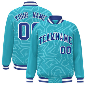 Custom Light Blue Royal-White Stripe Graffiti Pattern Varsity Full-Snap Jacket