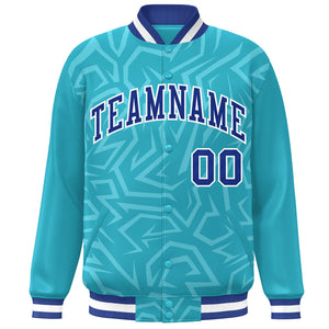 Custom Light Blue Royal-White Stripe Graffiti Pattern Varsity Full-Snap Jacket