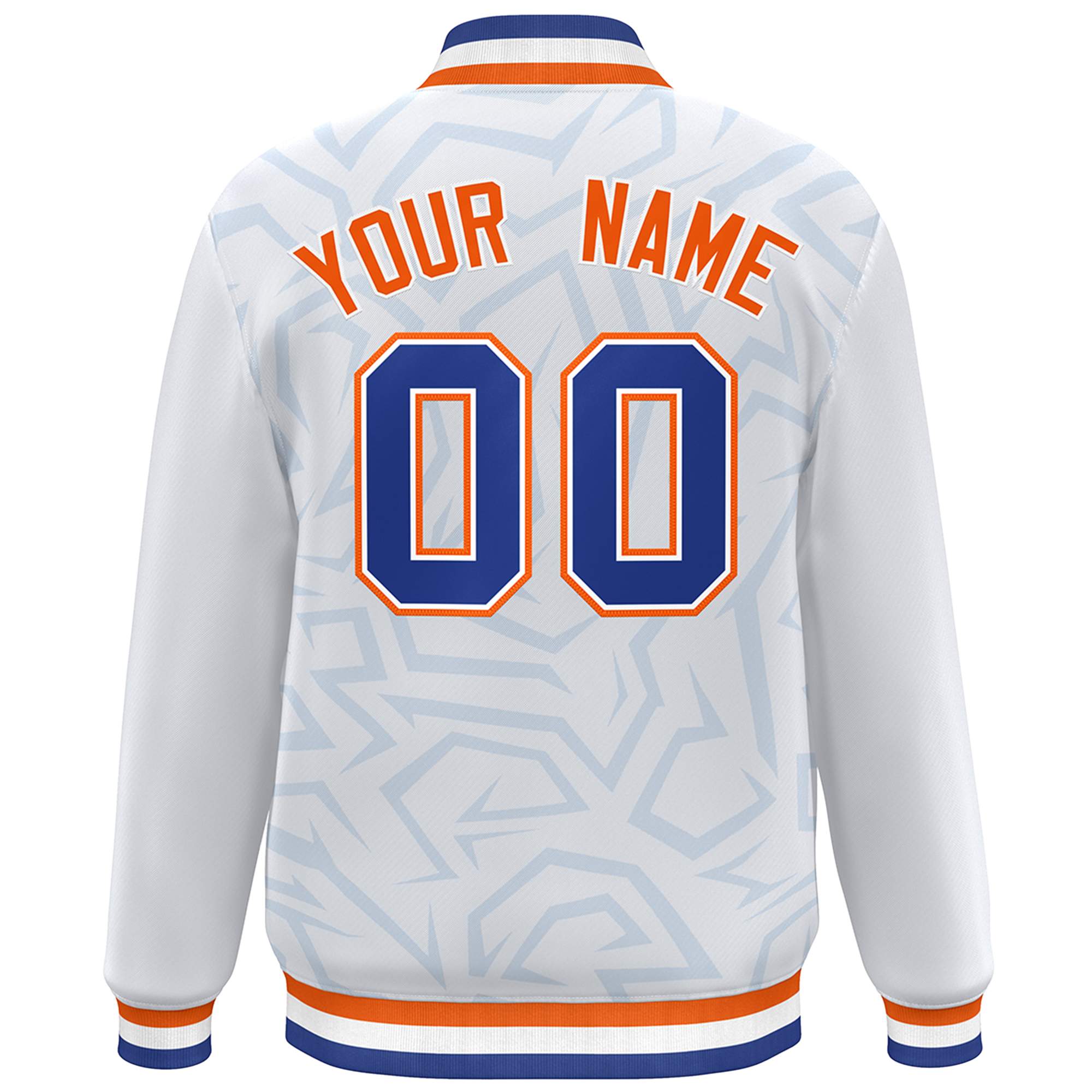 Custom White Royal-Orange Stripe Graffiti Pattern Varsity Full-Snap Jacket