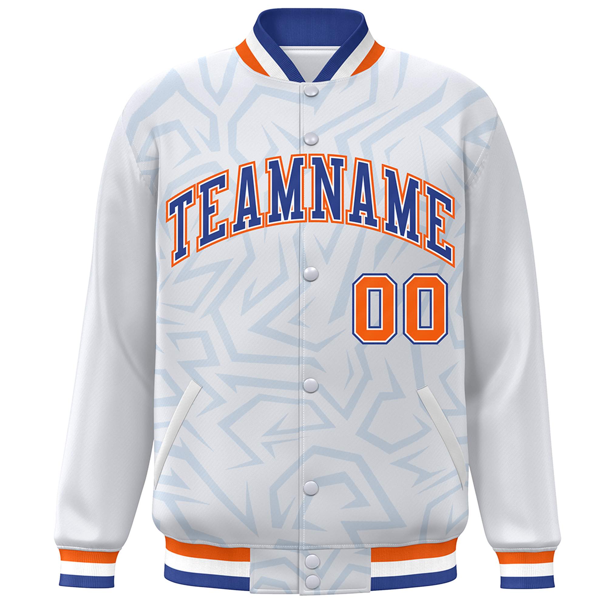 Custom White Royal-Orange Stripe Graffiti Pattern Varsity Full-Snap Jacket