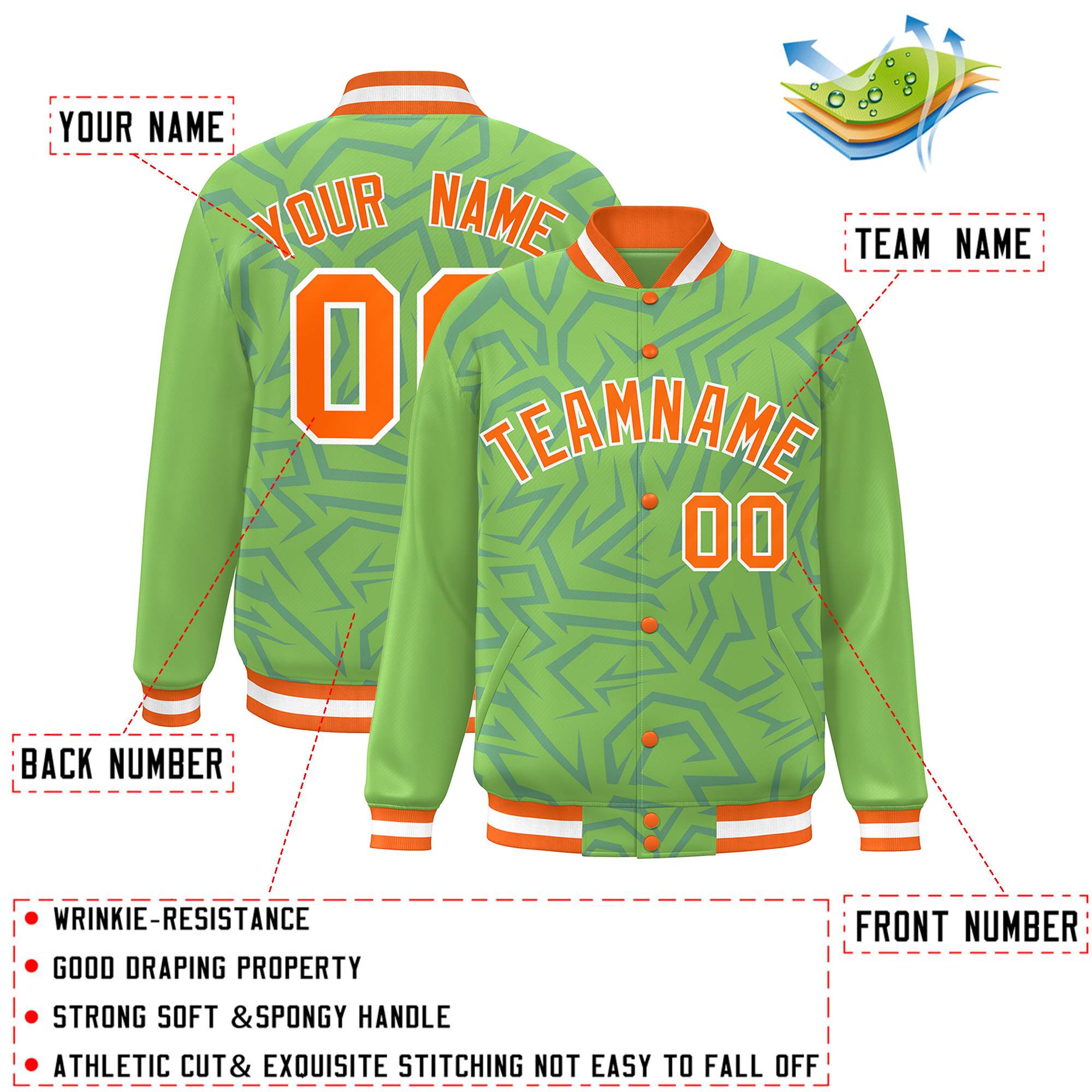 Custom Green Orange-White Stripe Graffiti Pattern Varsity Full-Snap Jacket