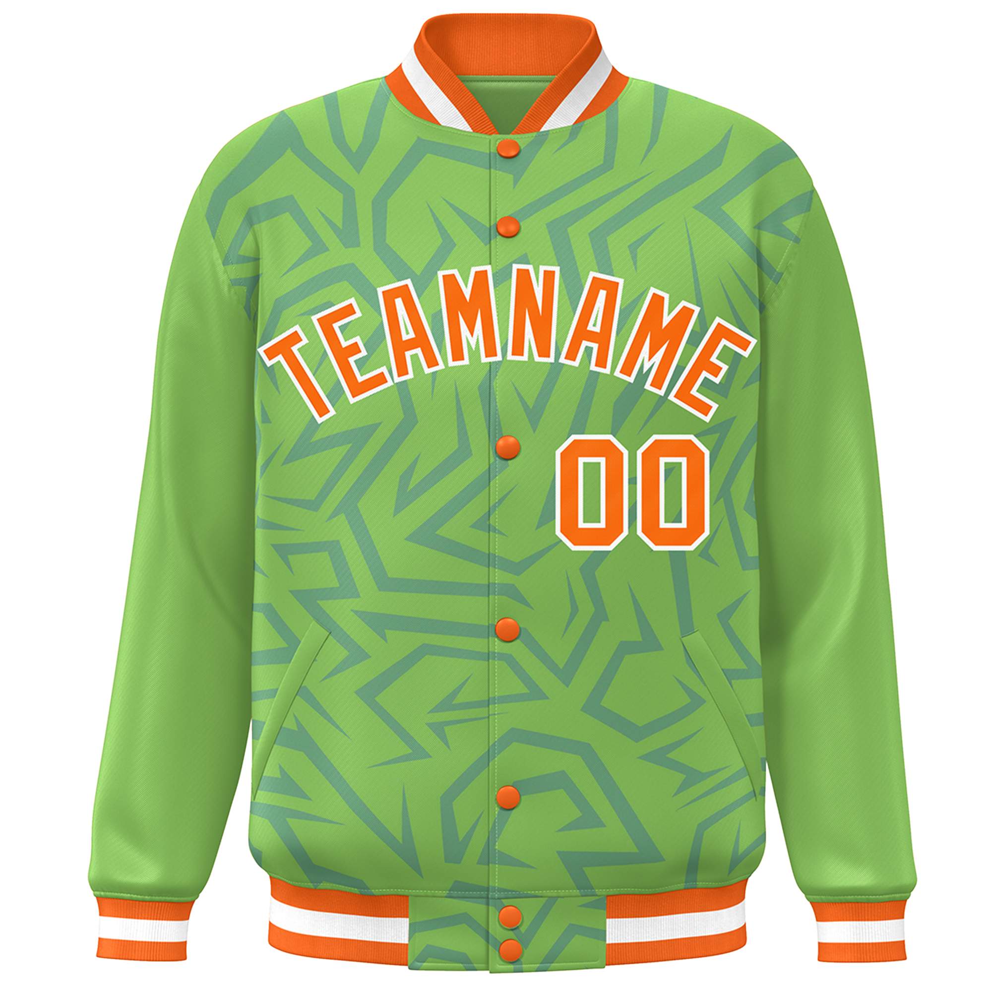 Custom Green Orange-White Stripe Graffiti Pattern Varsity Full-Snap Jacket