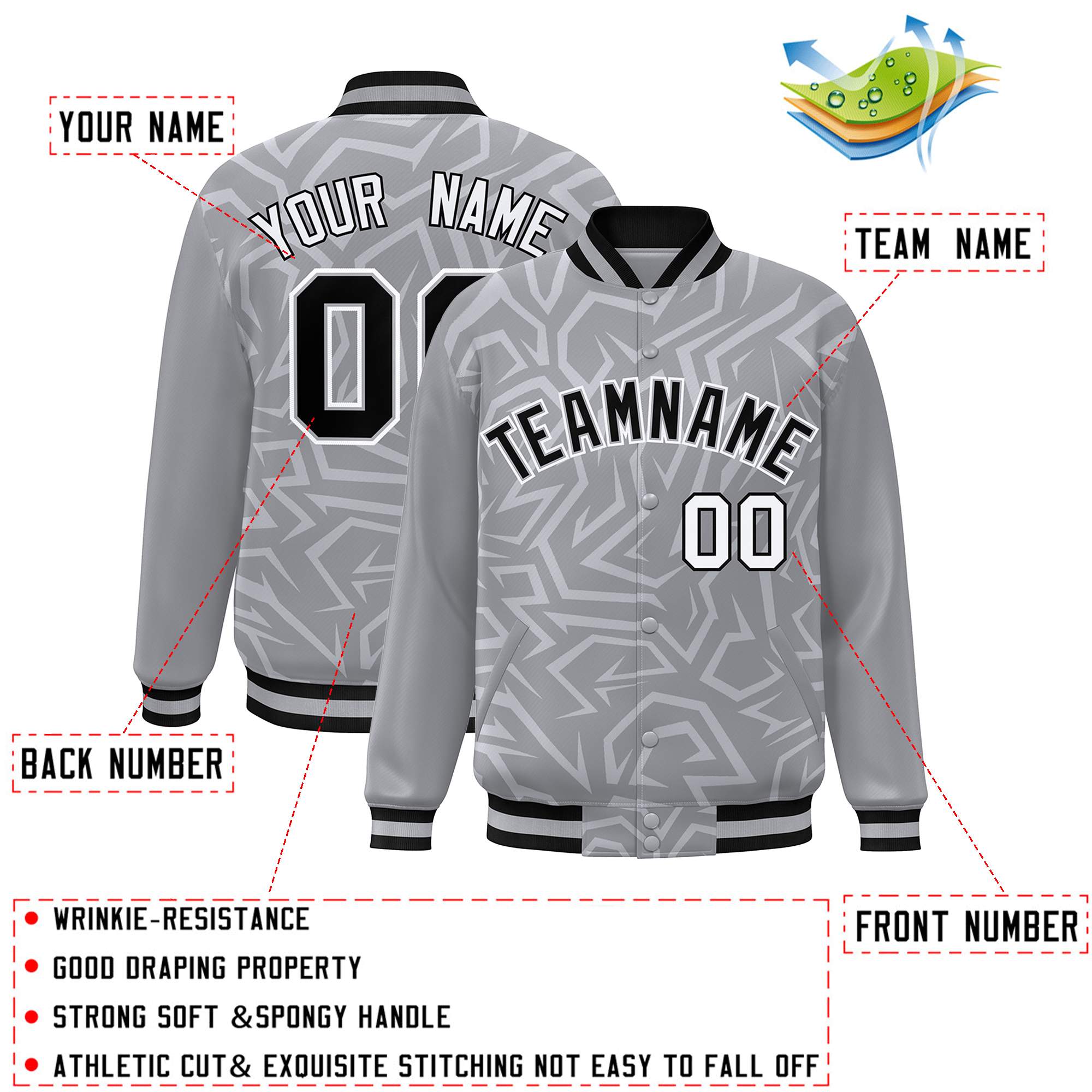 Custom Gray Black-White Stripe Graffiti Pattern Varsity Full-Snap Jacket