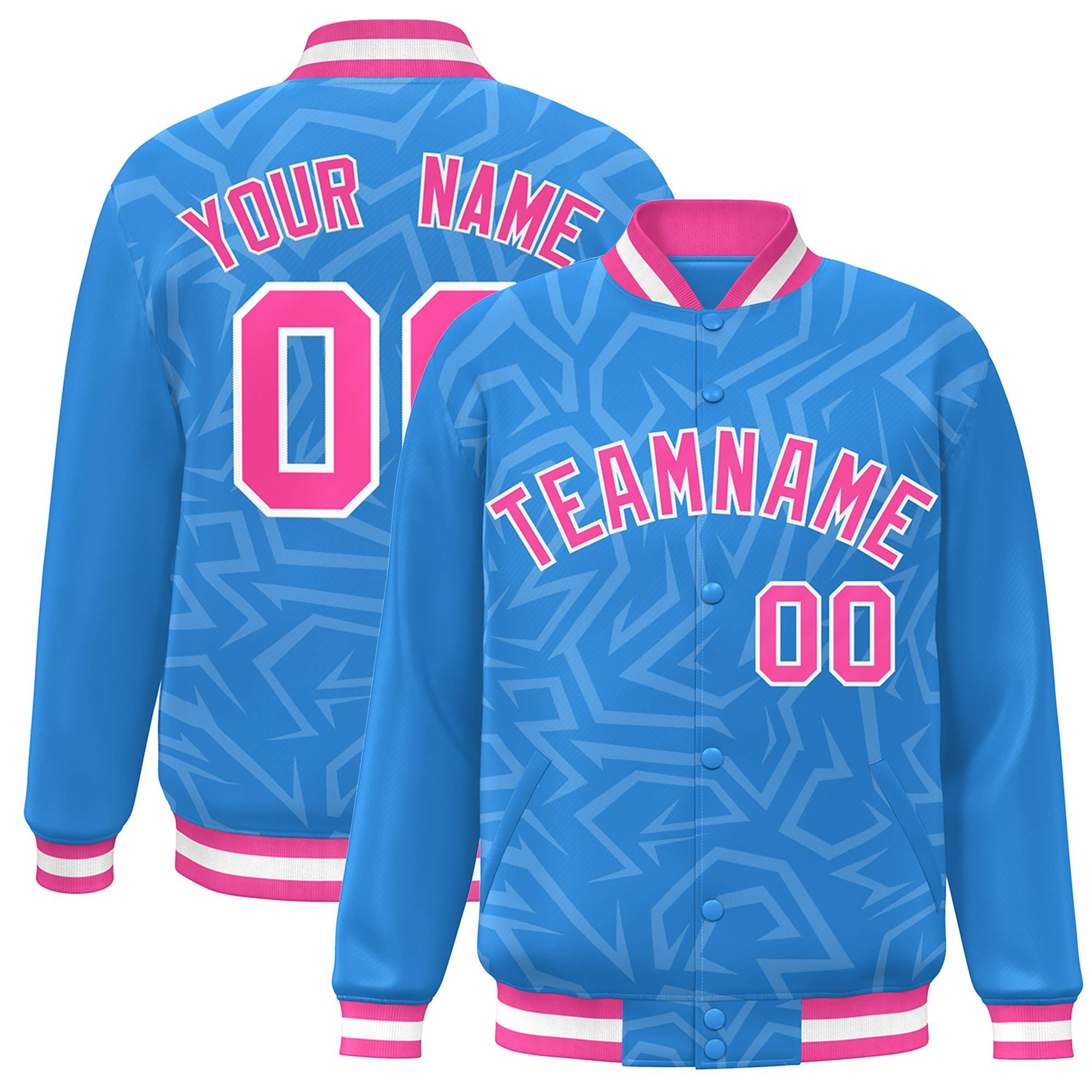 Custom Powder Blue Pink-White Stripe Graffiti Pattern Varsity Full-Snap Jacket