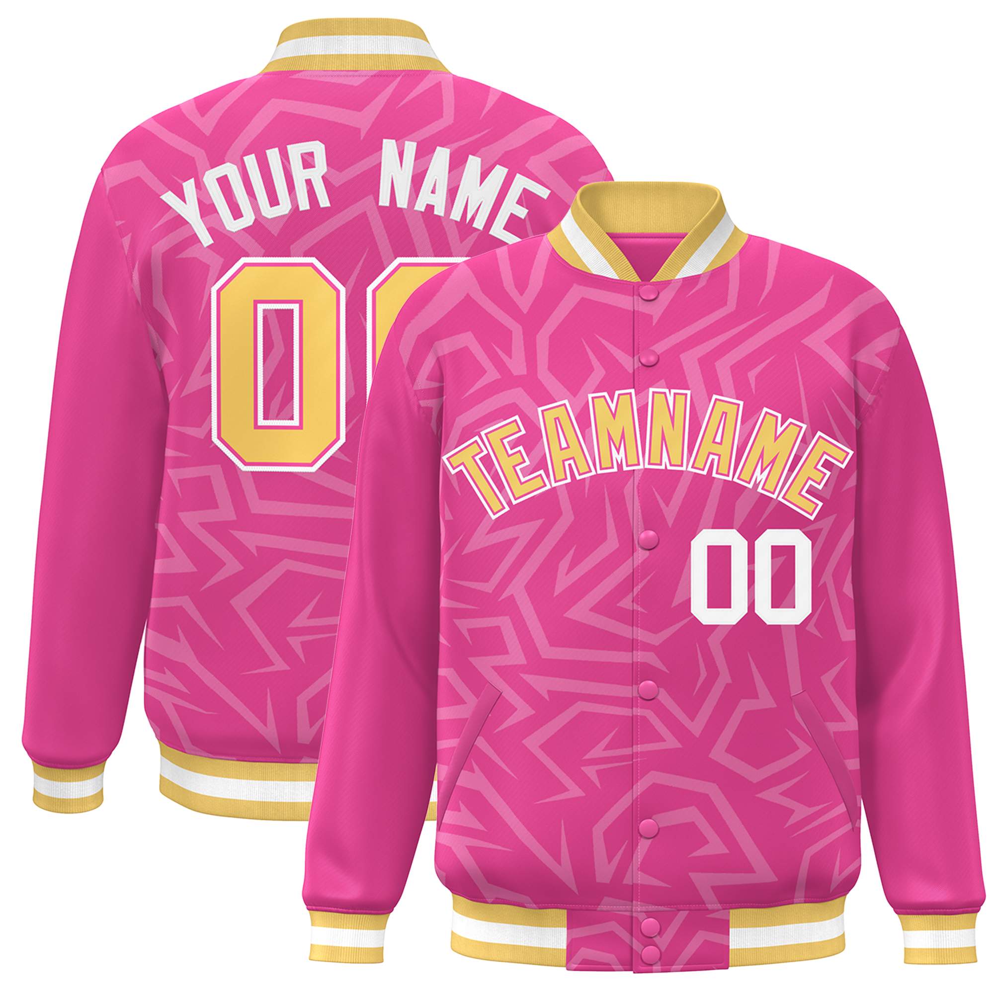 Custom Pink Gold-White Stripe Graffiti Pattern Varsity Full-Snap Jacket