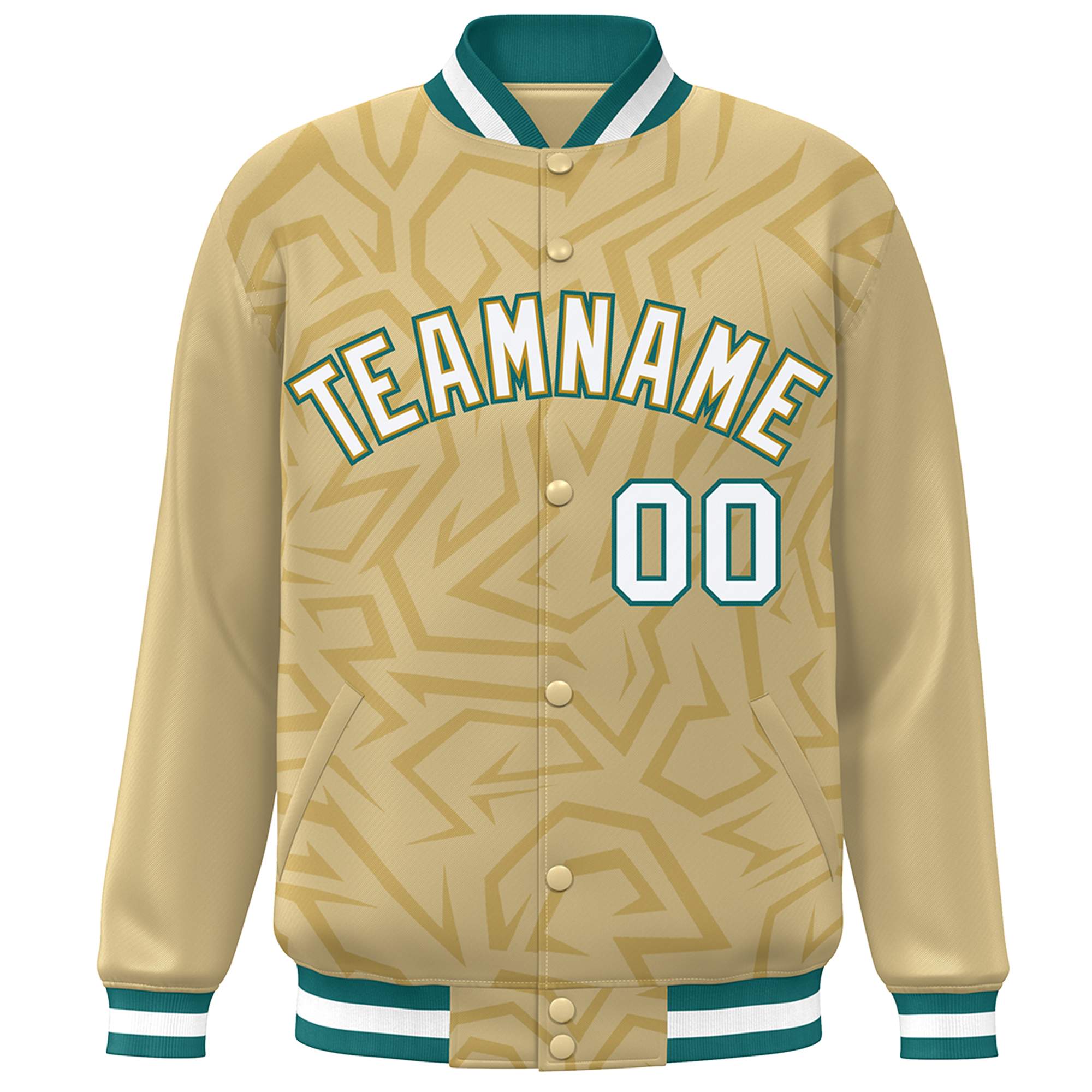 Custom Khaki White-Teal Stripe Graffiti Pattern Varsity Full-Snap Jacket