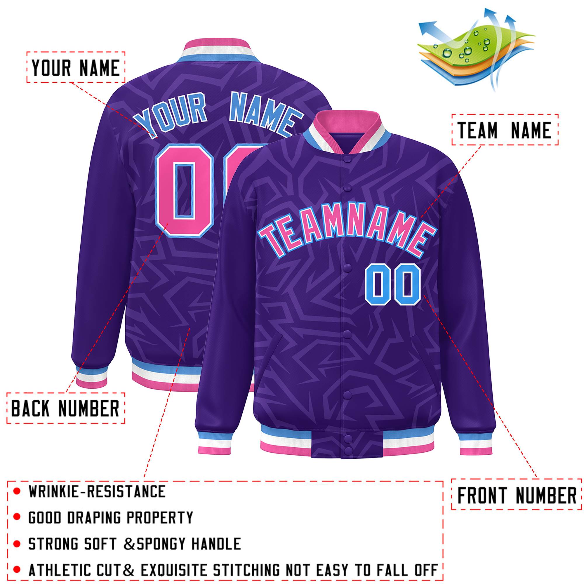 Custom Purple Pink-Powder Blue Stripe Graffiti Pattern Varsity Full-Snap Jacket