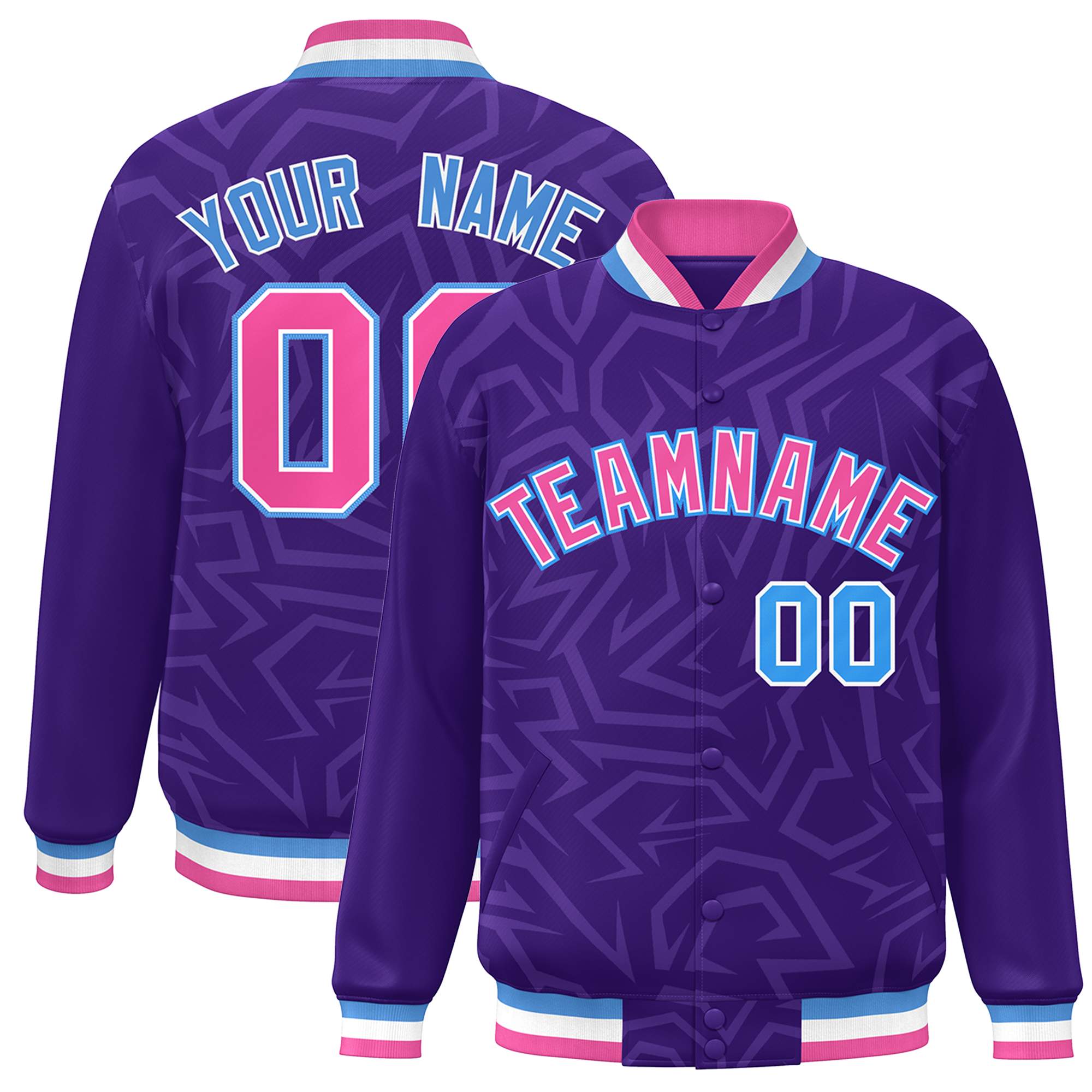 Custom Purple Pink-Powder Blue Stripe Graffiti Pattern Varsity Full-Snap Jacket