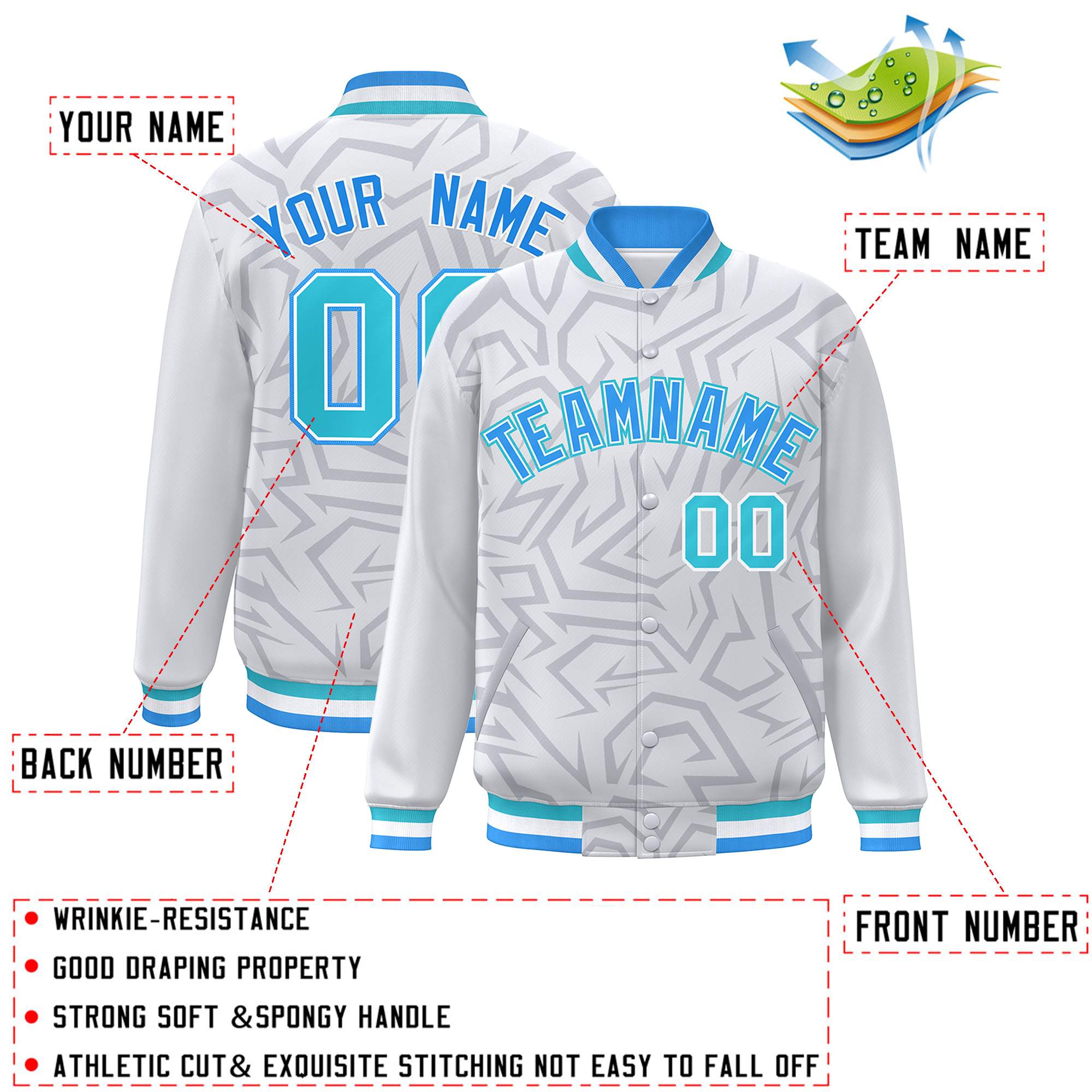 Custom White Powder Blue-Aqua Stripe Graffiti Pattern Varsity Full-Snap Jacket