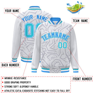 Custom White Powder Blue-Aqua Stripe Graffiti Pattern Varsity Full-Snap Jacket