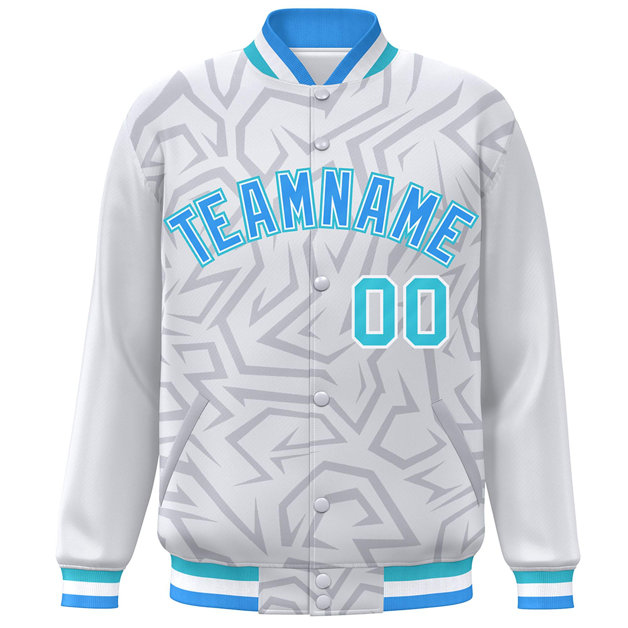 Custom White Powder Blue-Aqua Stripe Graffiti Pattern Varsity Full-Snap Jacket