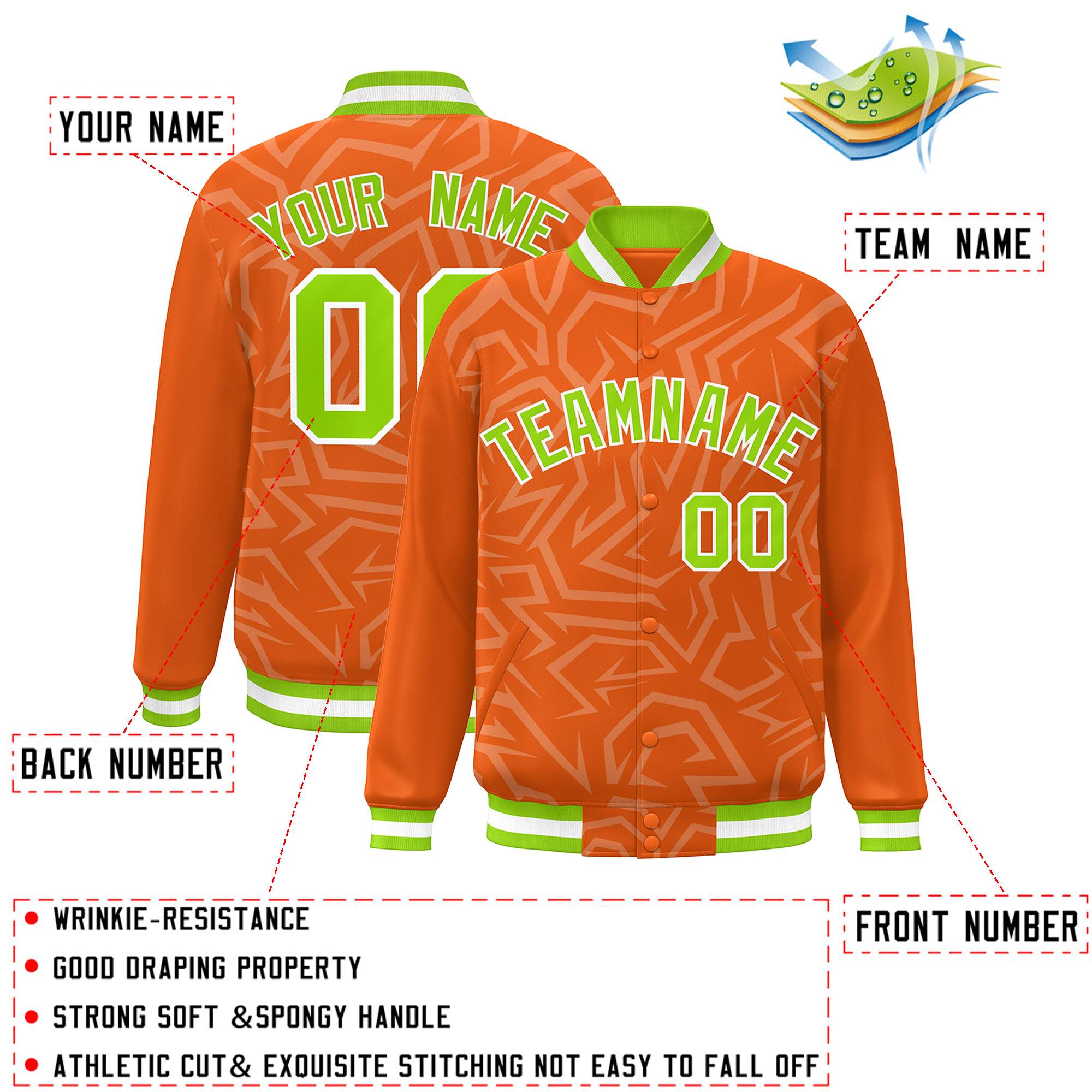 Custom Orange Neon Green-White Stripe Graffiti Pattern Varsity Full-Snap Jacket