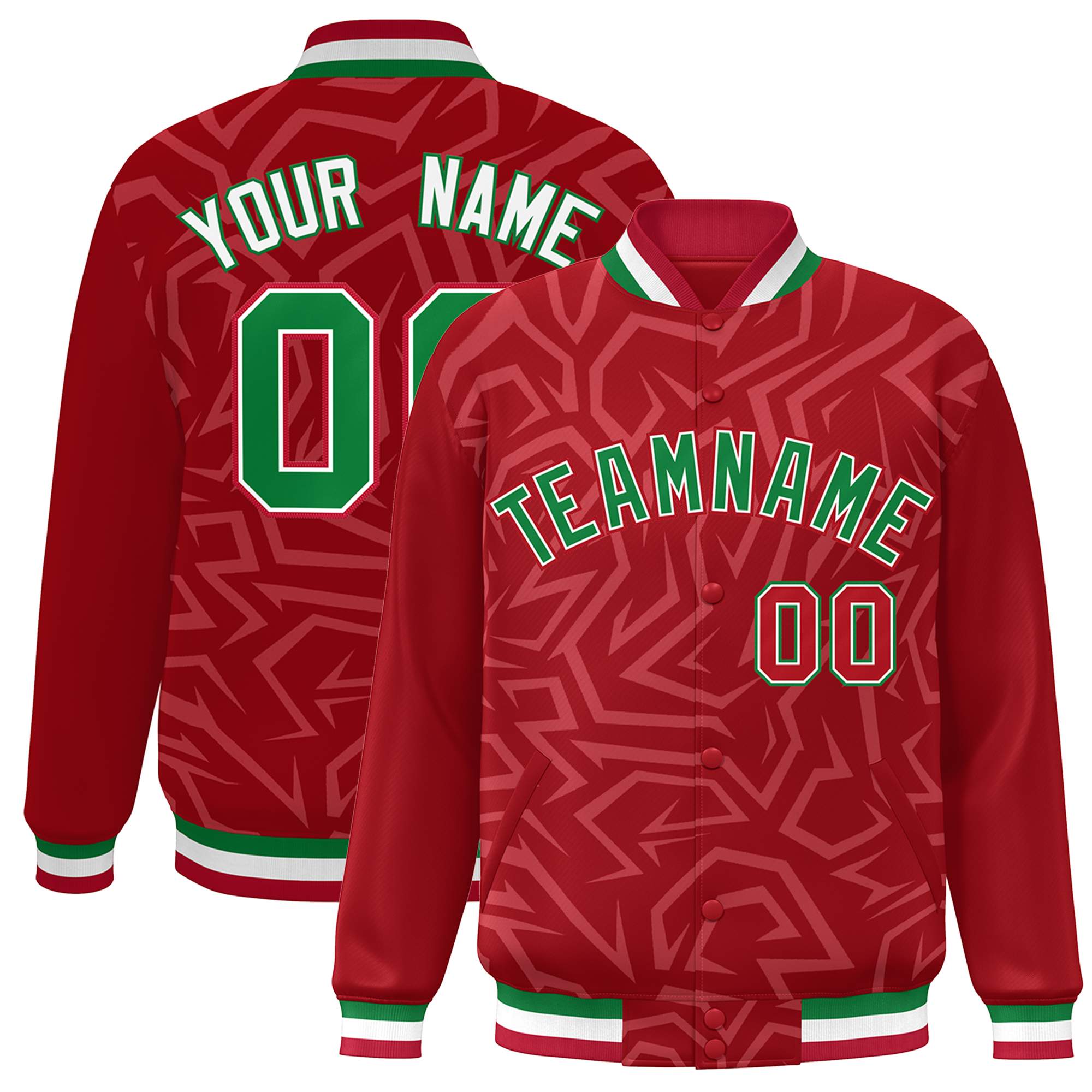 Custom Red Kelly Green-White Stripe Graffiti Pattern Varsity Full-Snap Jacket