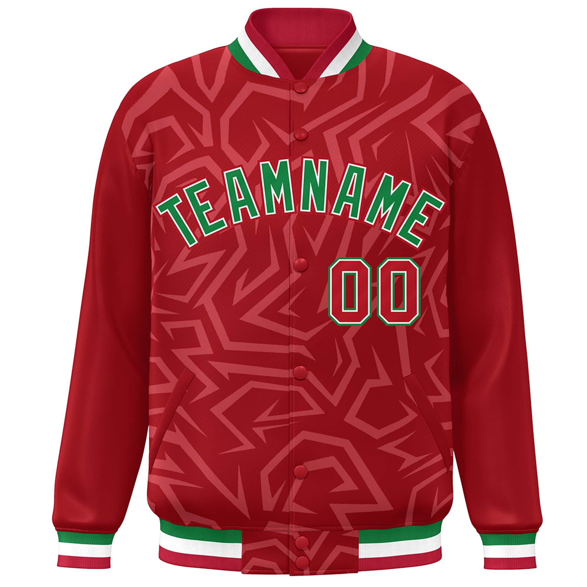 Custom Red Kelly Green-White Stripe Graffiti Pattern Varsity Full-Snap Jacket