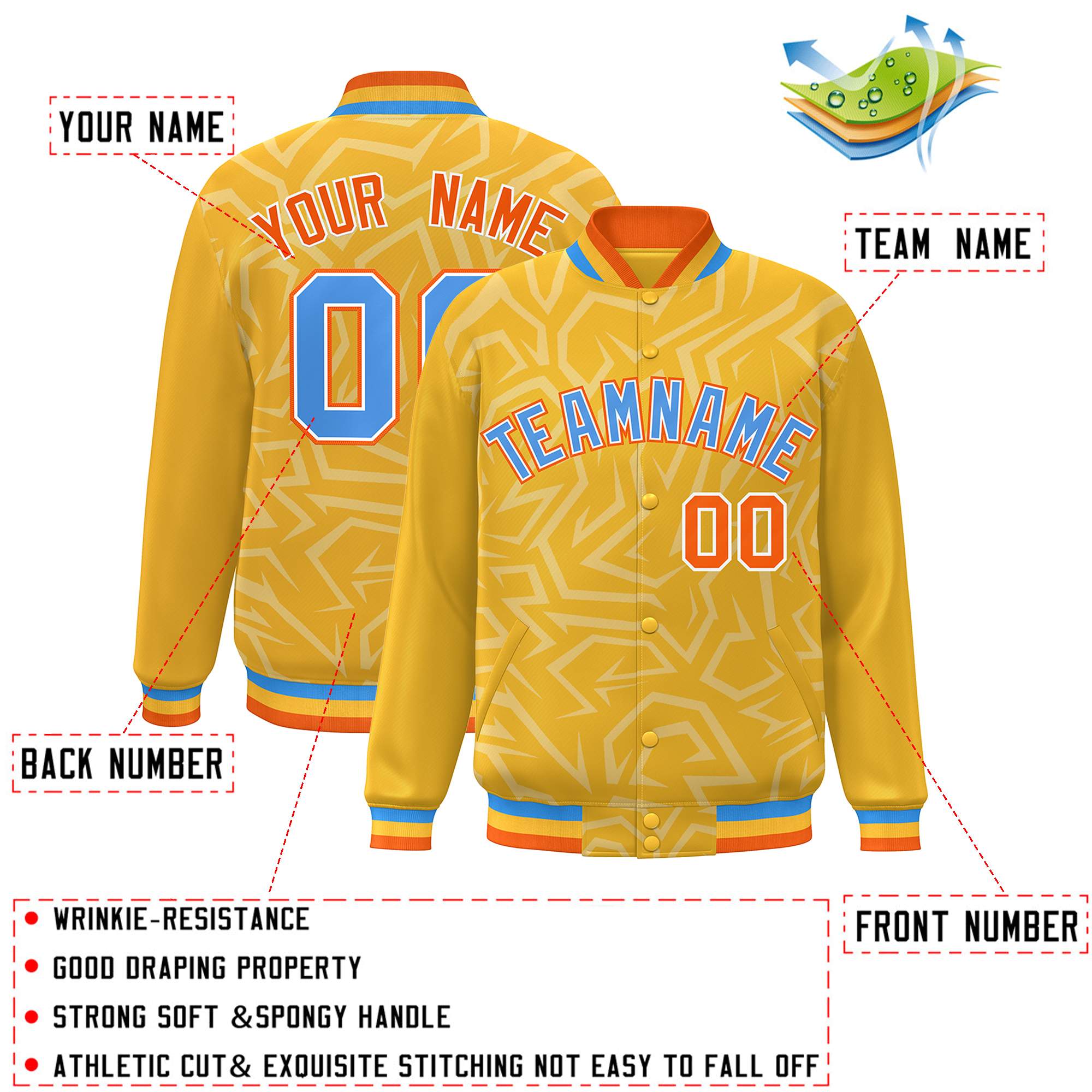 Custom Gold Powder Blue-Orange Stripe Graffiti Pattern Varsity Full-Snap Jacket