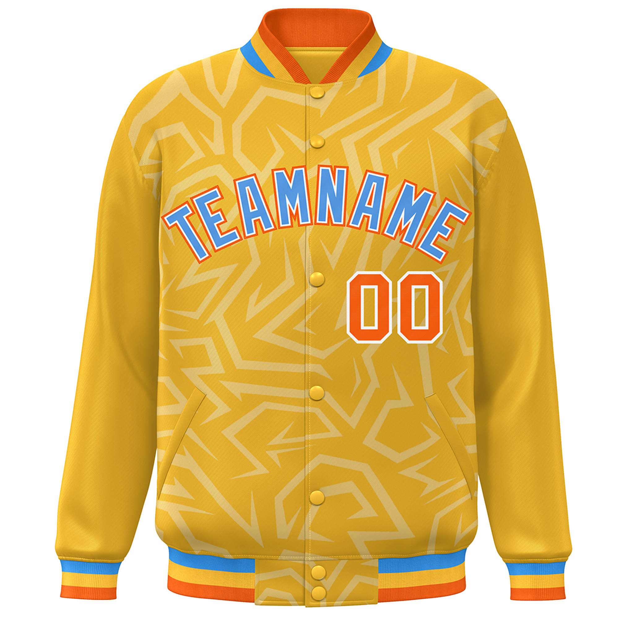 Custom Gold Powder Blue-Orange Stripe Graffiti Pattern Varsity Full-Snap Jacket