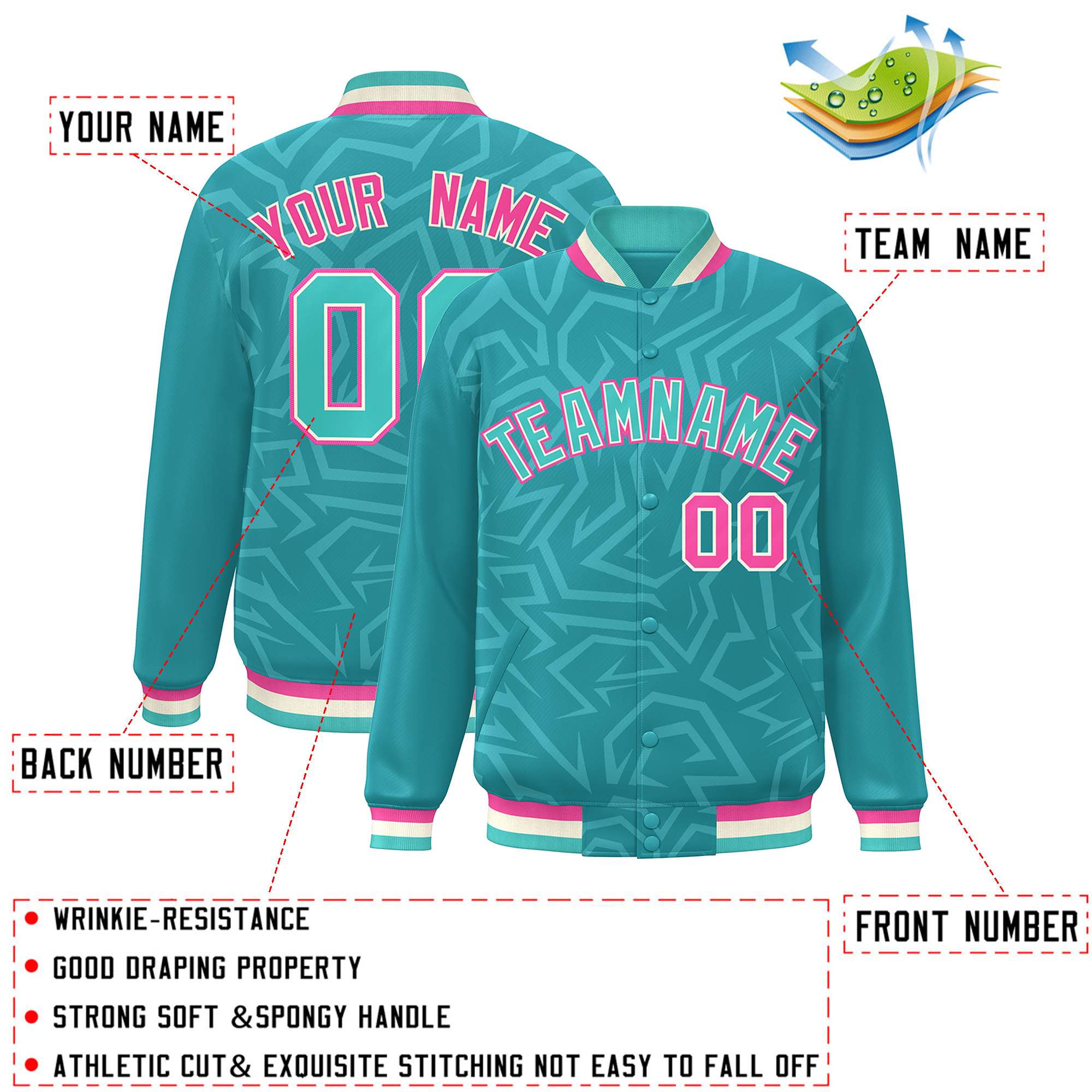 Custom Aqua Cream-Pink Stripe Graffiti Pattern Varsity Full-Snap Jacket