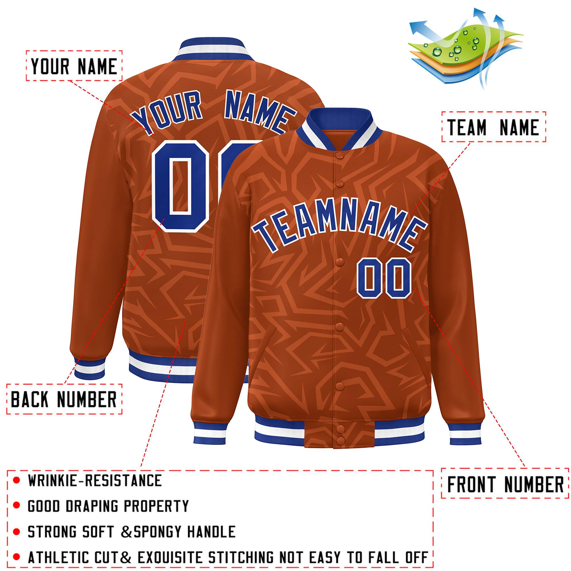 Custom Orange Royal-White Stripe Graffiti Pattern Varsity Full-Snap Jacket