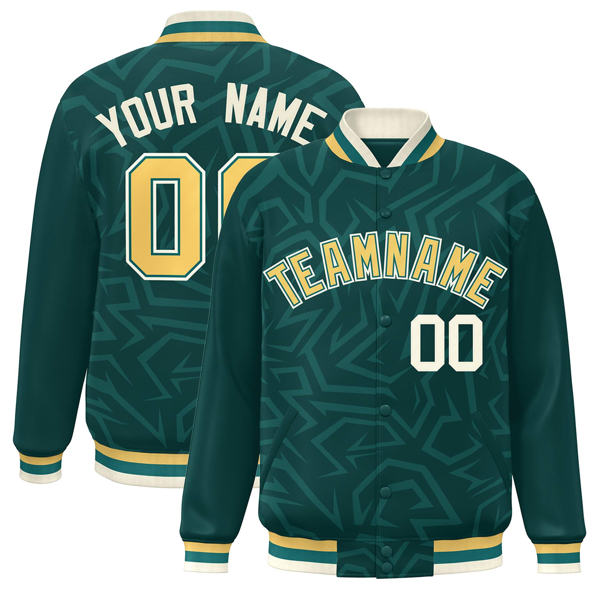 Custom Midnight Green Gold-Cream Stripe Graffiti Pattern Varsity Full-Snap Jacket