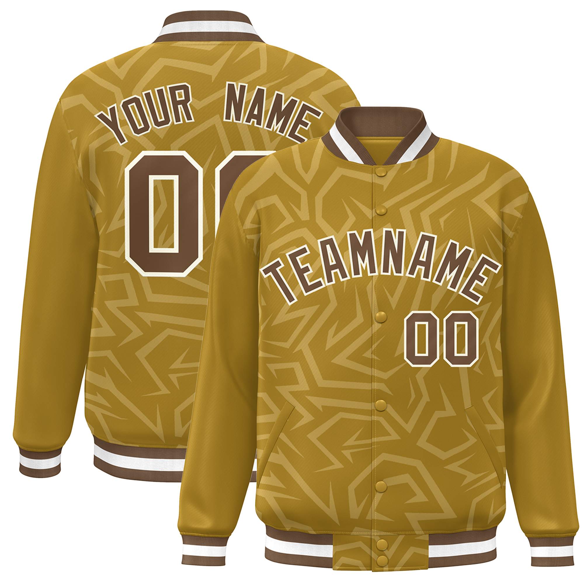 Custom Old Gold Brown-White Stripe Graffiti Pattern Varsity Full-Snap Jacket