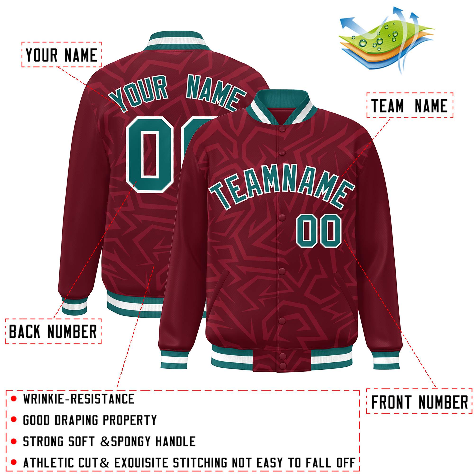 Custom Crimson Aqua-White Stripe Graffiti Pattern Varsity Full-Snap Jacket