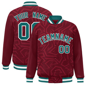 Custom Crimson Aqua-White Stripe Graffiti Pattern Varsity Full-Snap Jacket