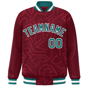 Custom Crimson Aqua-White Stripe Graffiti Pattern Varsity Full-Snap Jacket