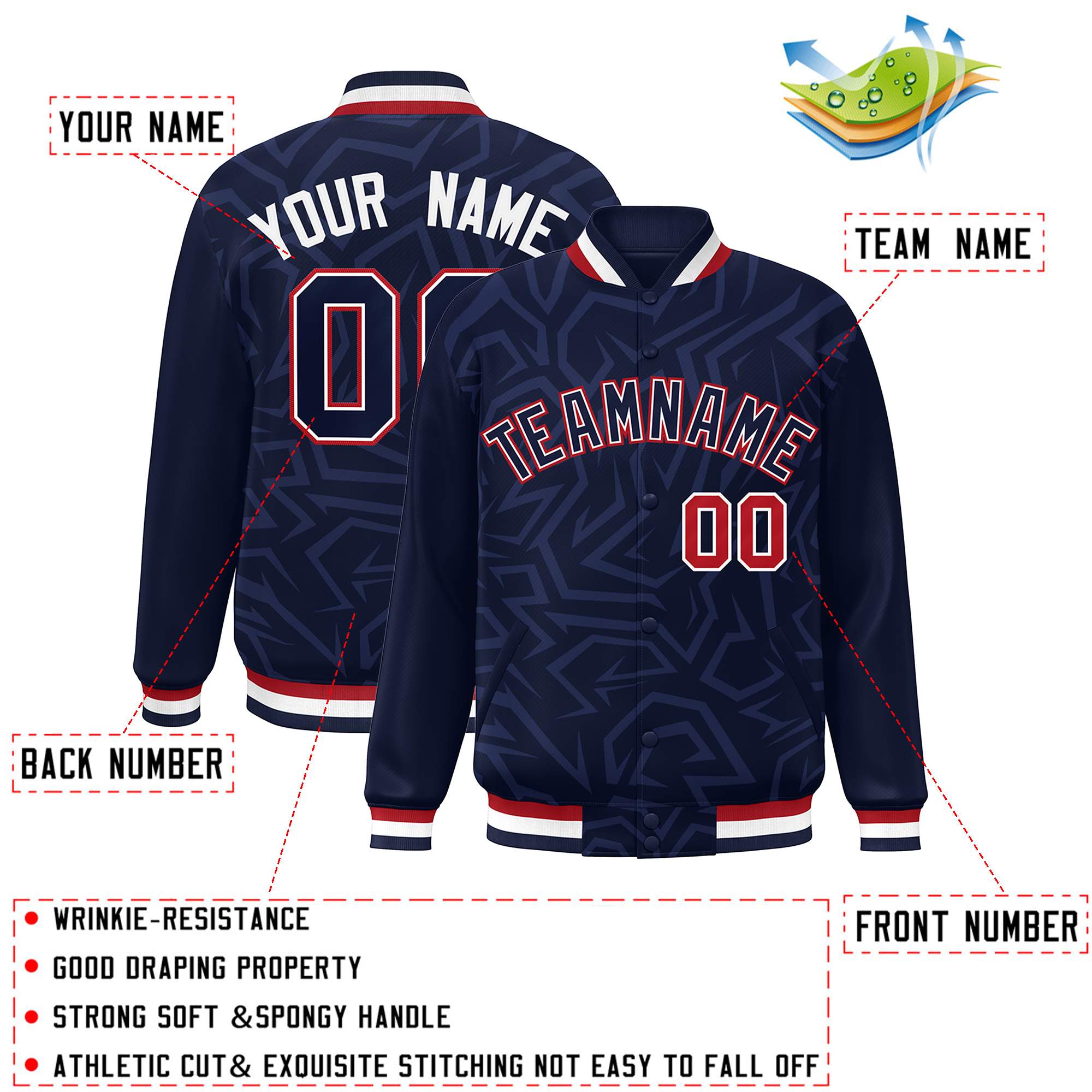 Custom Navy White-Red Stripe Graffiti Pattern Varsity Full-Snap Jacket