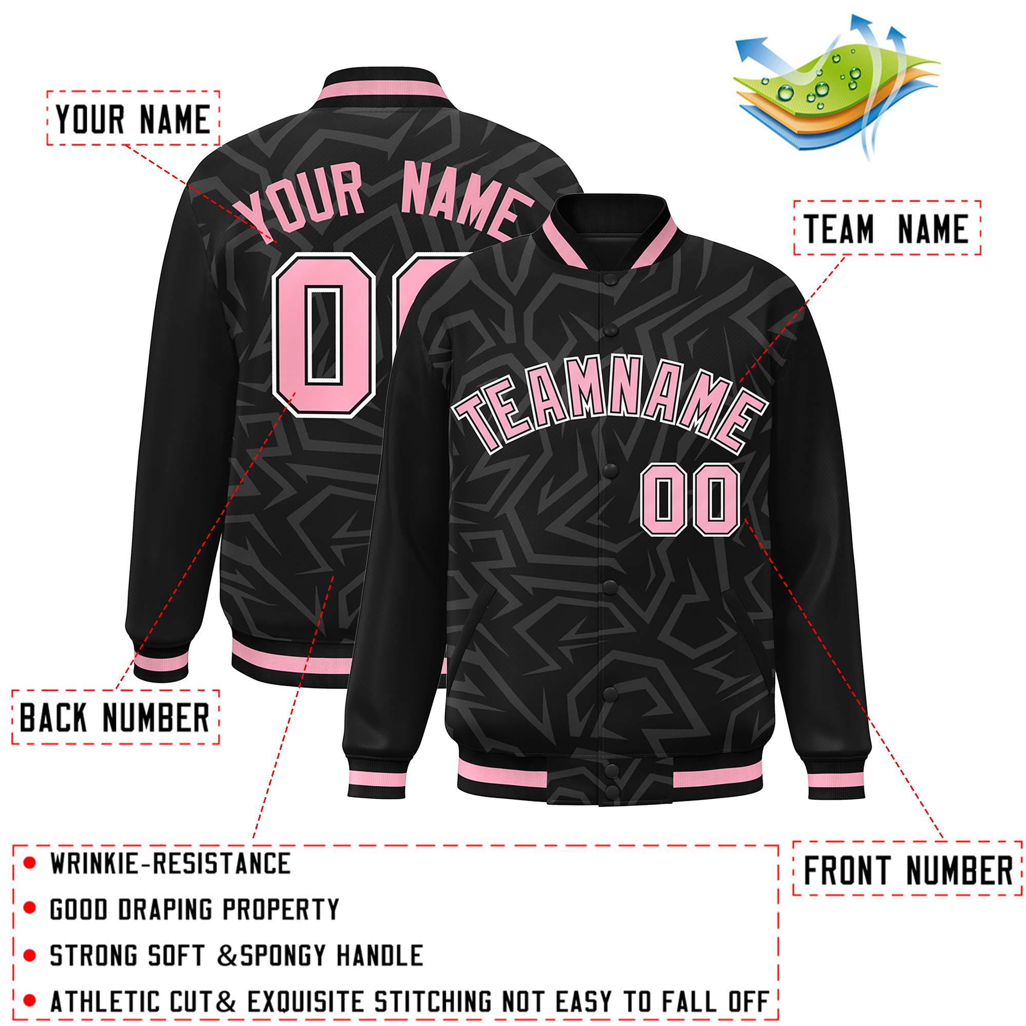 Custom Black Pink-White Stripe Graffiti Pattern Varsity Full-Snap Jacket