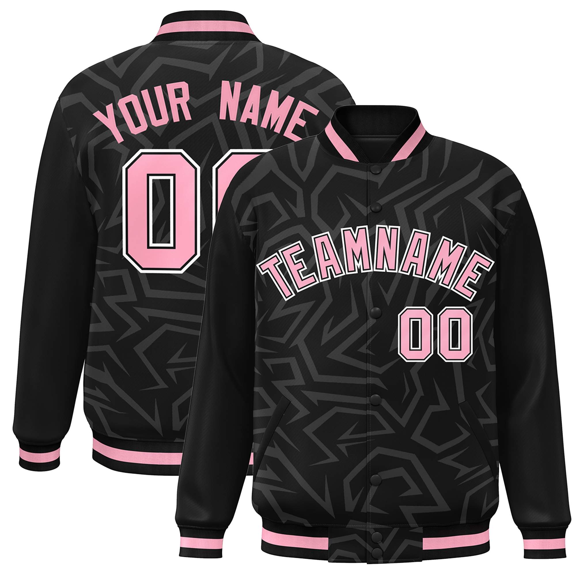 Custom Black Pink-White Stripe Graffiti Pattern Varsity Full-Snap Jacket