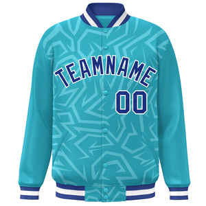 Custom Light Blue Royal-White Stripe Graffiti Pattern Varsity Full-Snap Jacket