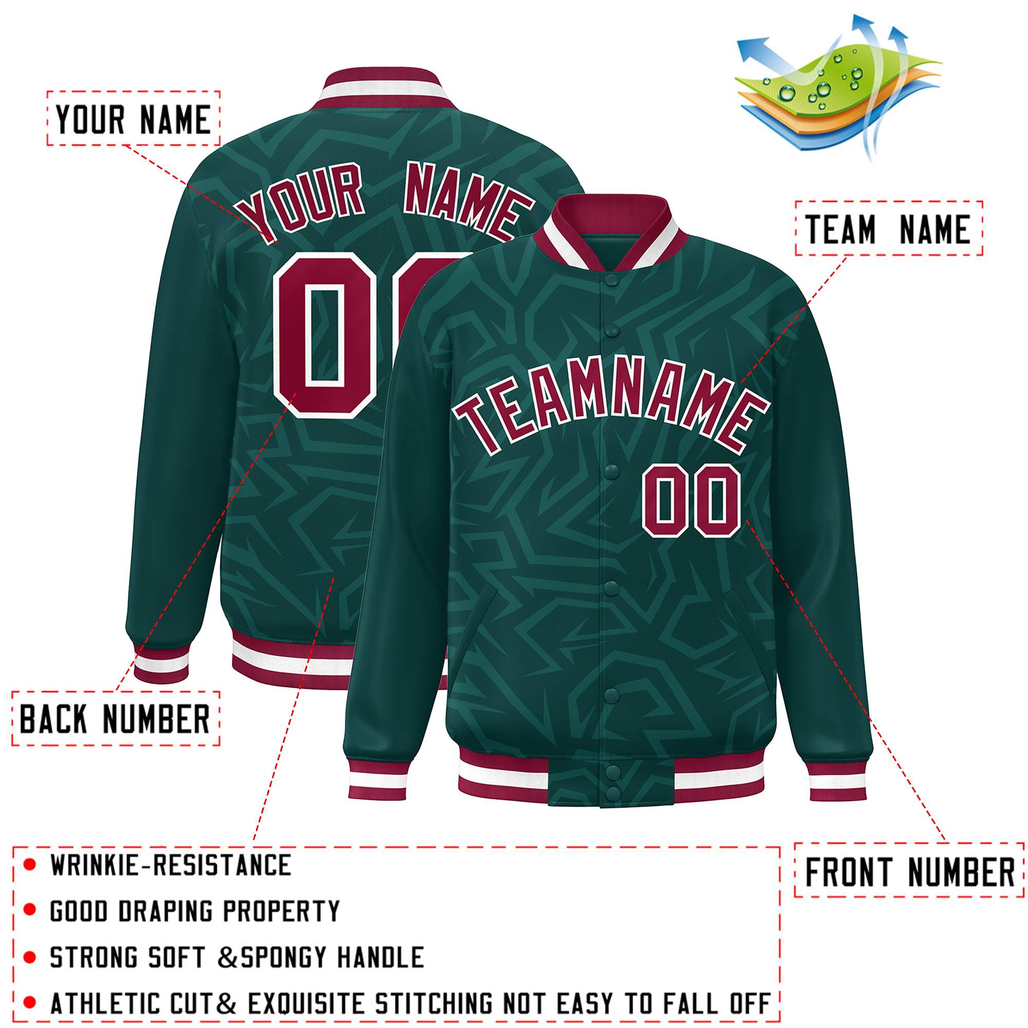 Custom Midnight Green Crimson-White Stripe Graffiti Pattern Varsity Full-Snap Jacket