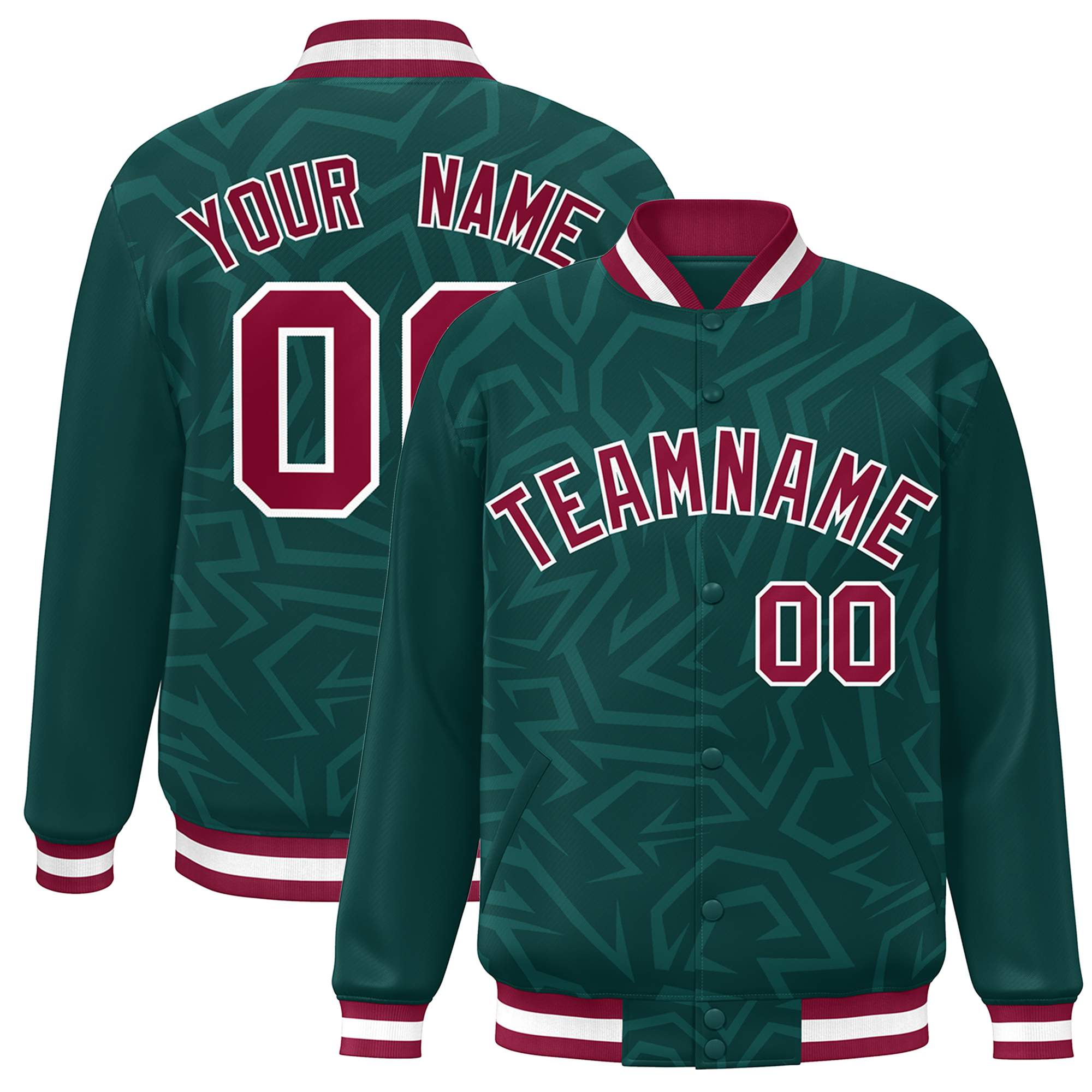 Custom Midnight Green Crimson-White Stripe Graffiti Pattern Varsity Full-Snap Jacket