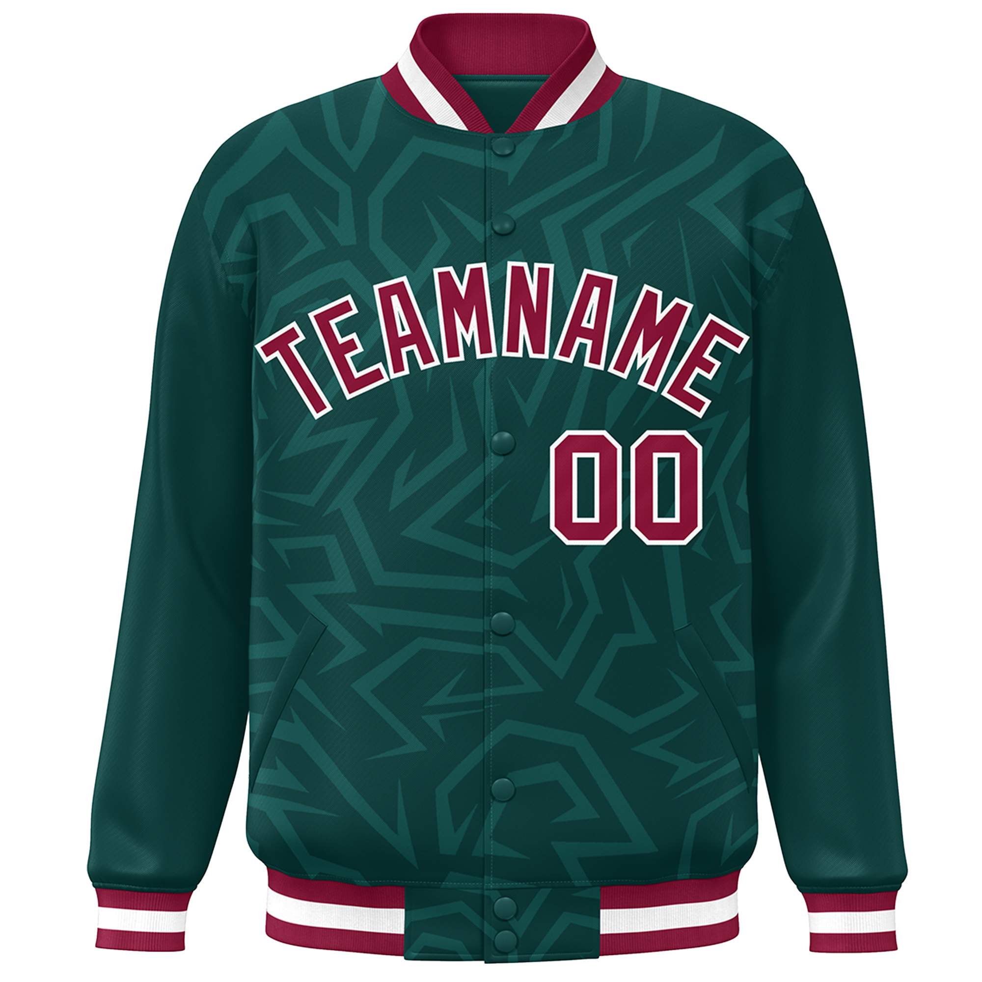 Custom Midnight Green Crimson-White Stripe Graffiti Pattern Varsity Full-Snap Jacket