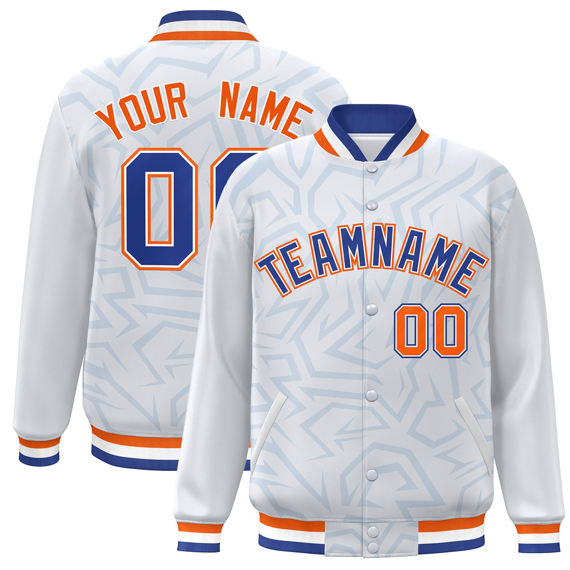 Custom White Royal-Orange Stripe Graffiti Pattern Varsity Full-Snap Jacket