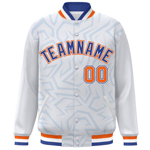 Custom White Royal-Orange Stripe Graffiti Pattern Varsity Full-Snap Jacket