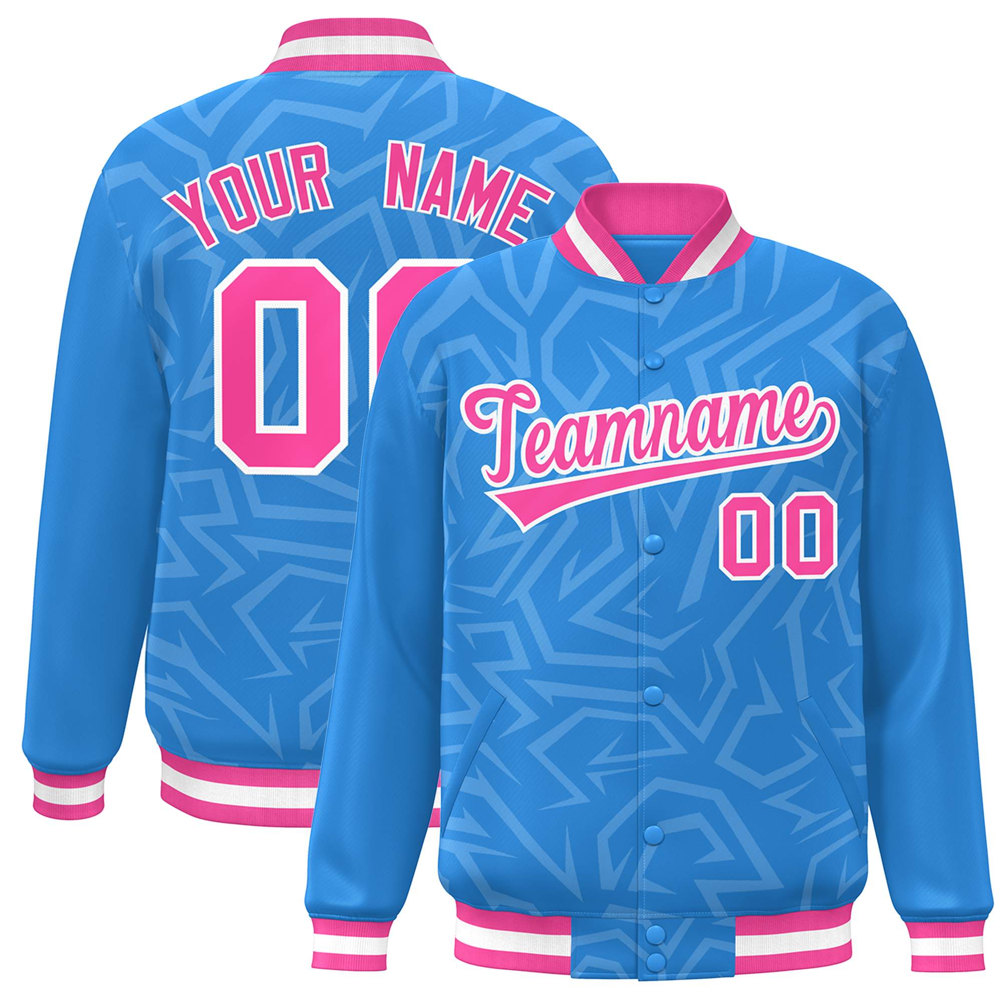 Custom Powder Blue Pink-White Stripe Graffiti Pattern Varsity Full-Snap Jacket