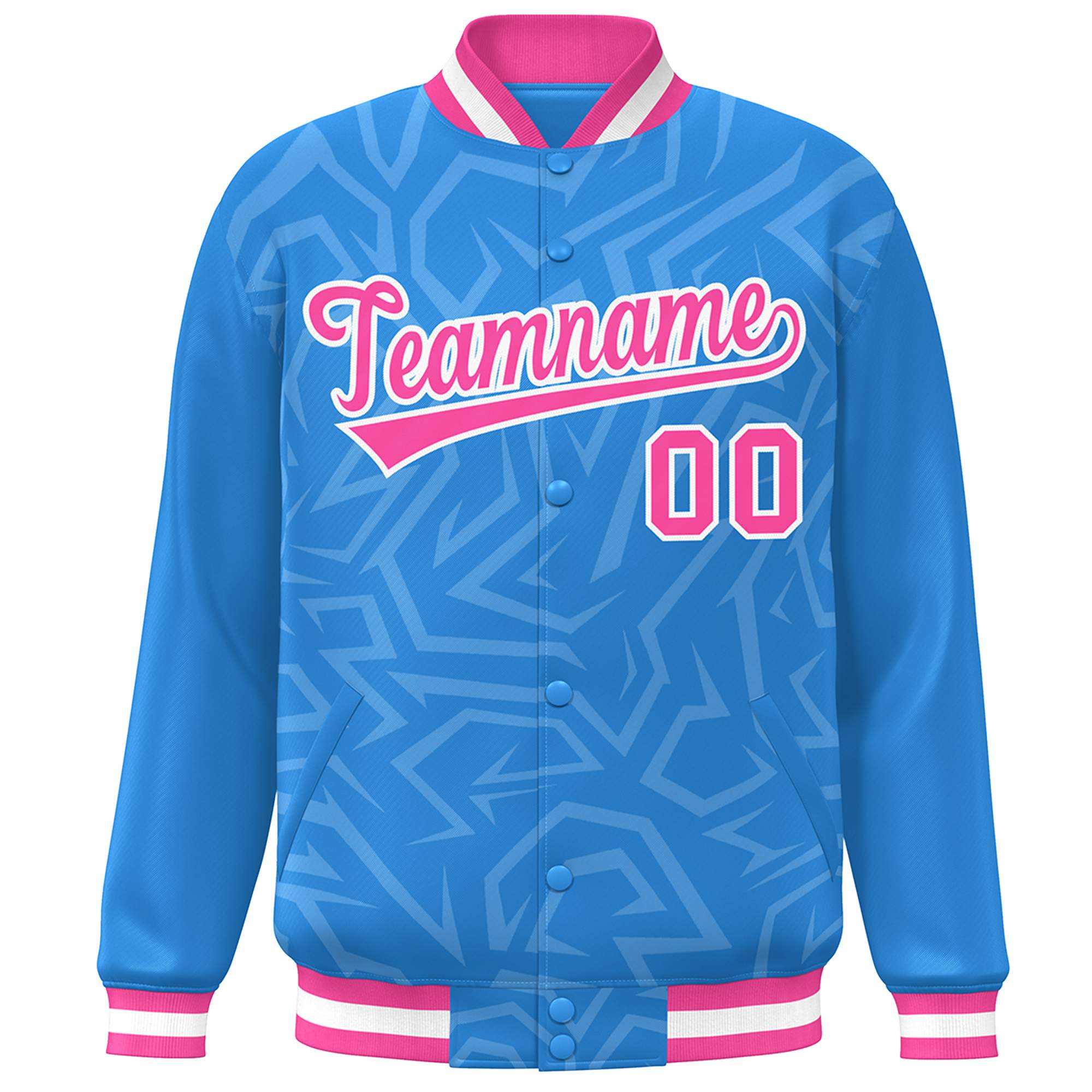 Custom Powder Blue Pink-White Stripe Graffiti Pattern Varsity Full-Snap Jacket